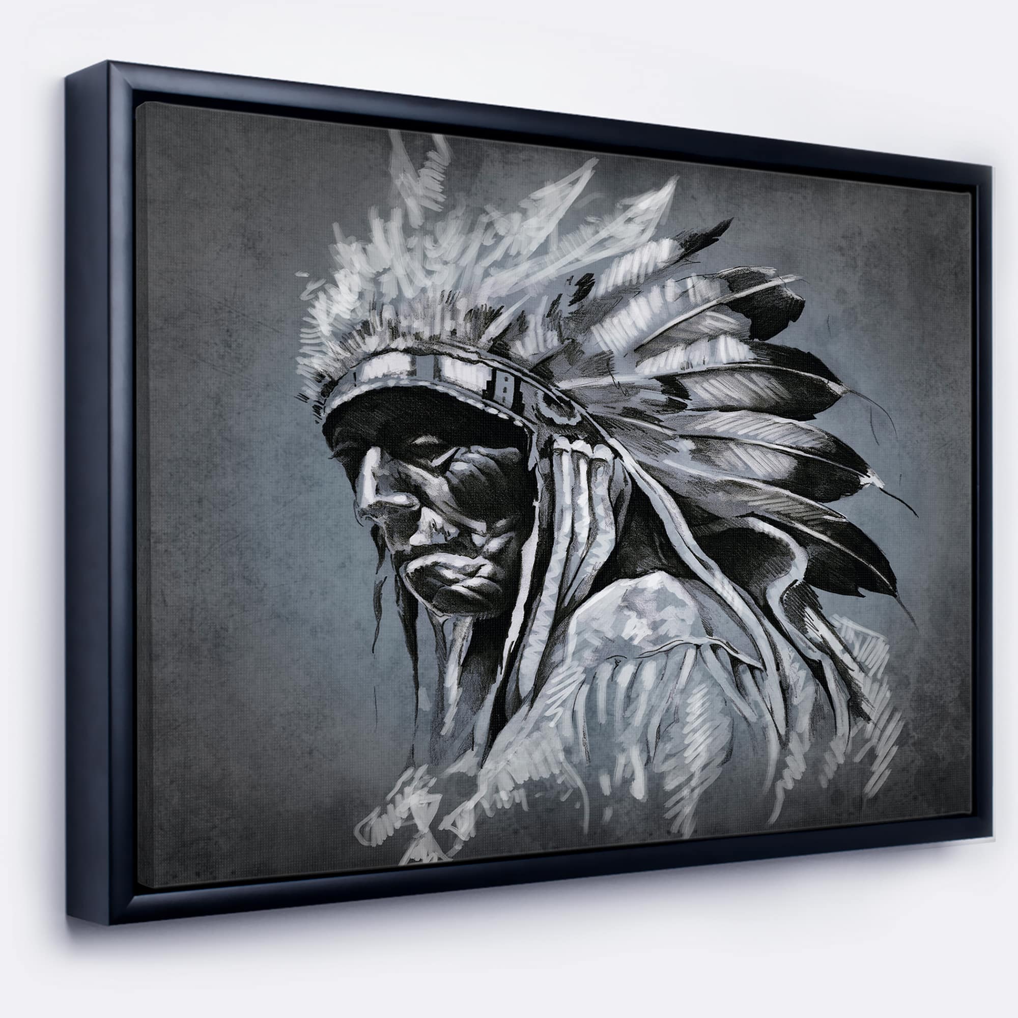 Designart - American Indian Tattoo Art - Portrait Canvas Print in Black Frame