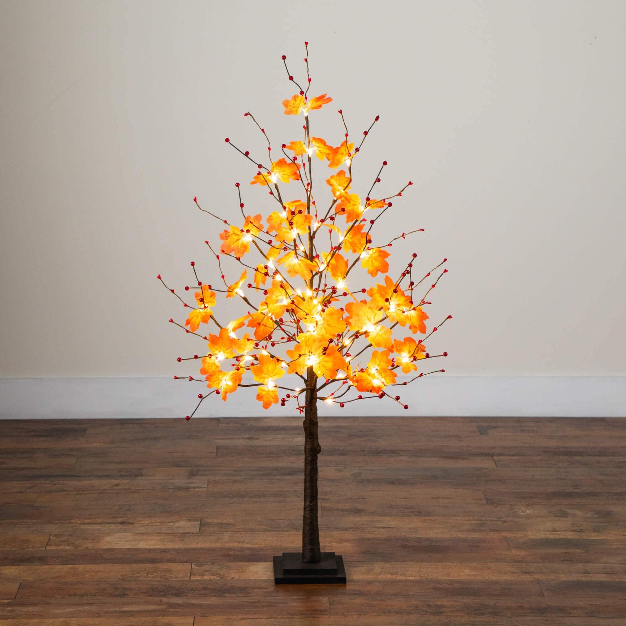 4ft. Pre-Lit Autumn Maple Artificial Fall Tree with Berries and 60 Warm White LED Lights