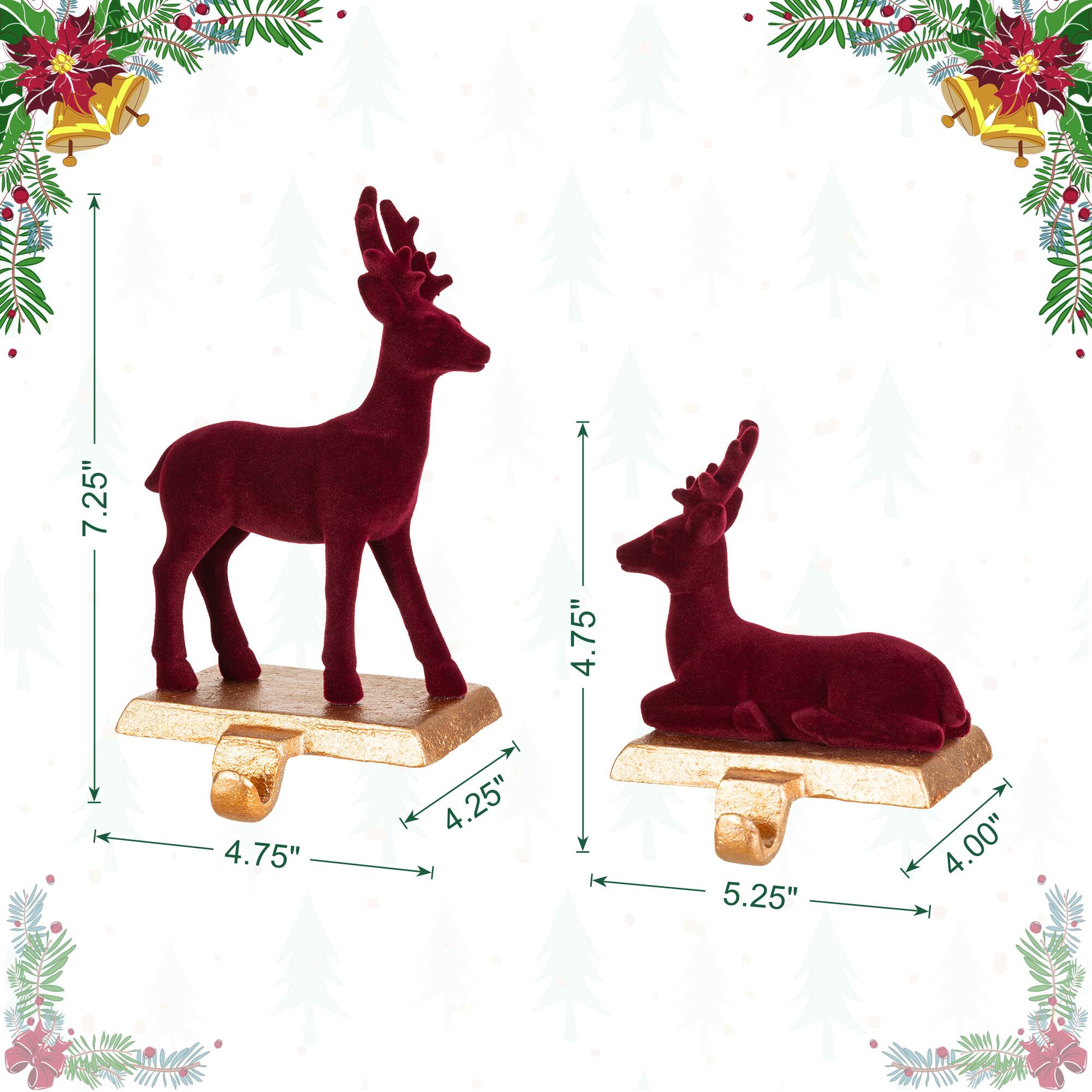 Glitzhome® Set of 2 Flocked Burgundy Resin Standing & Sitting Reindeer Stocking Holders