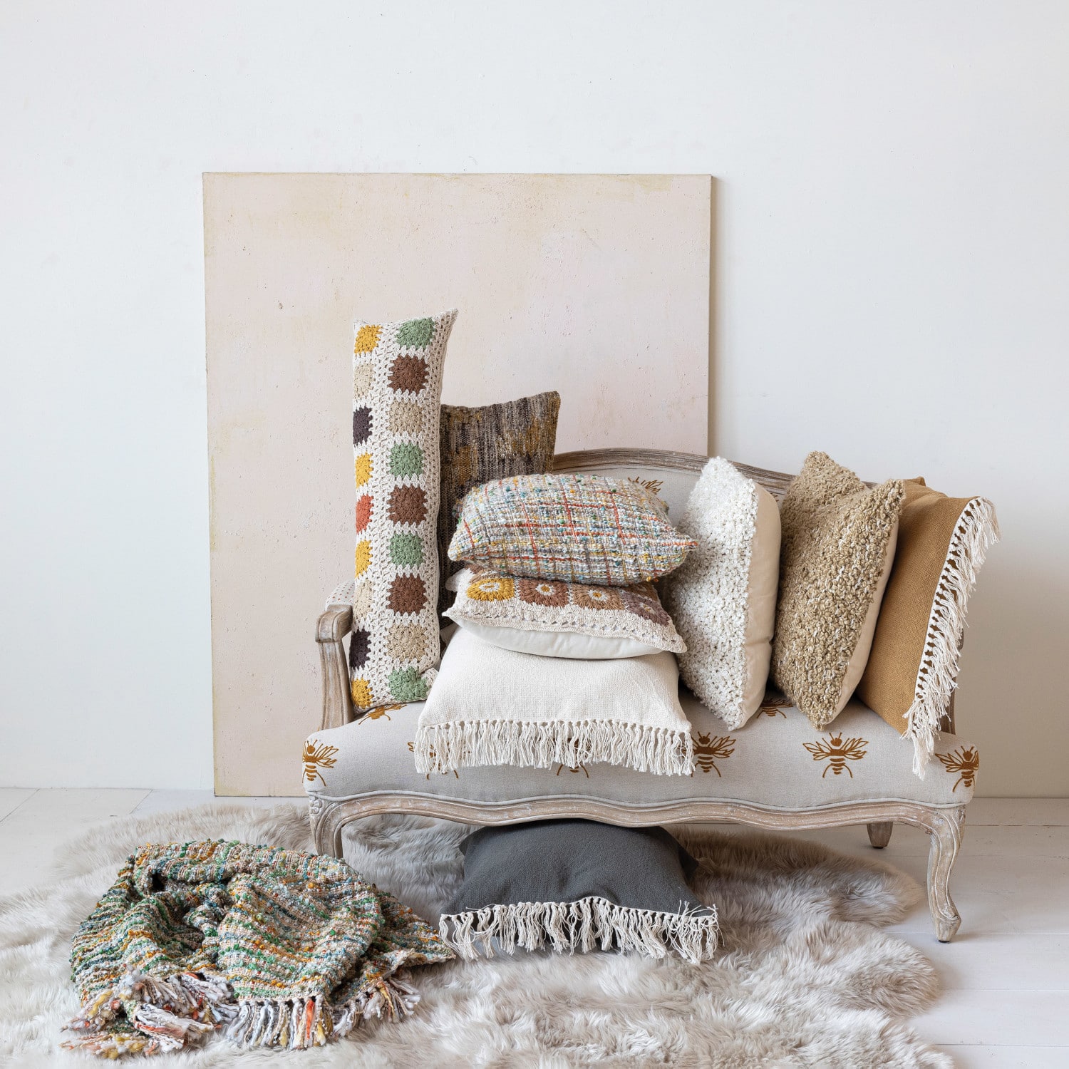 Hello Honey® 20" Mustard Soft Cotton Pillow with Fringe