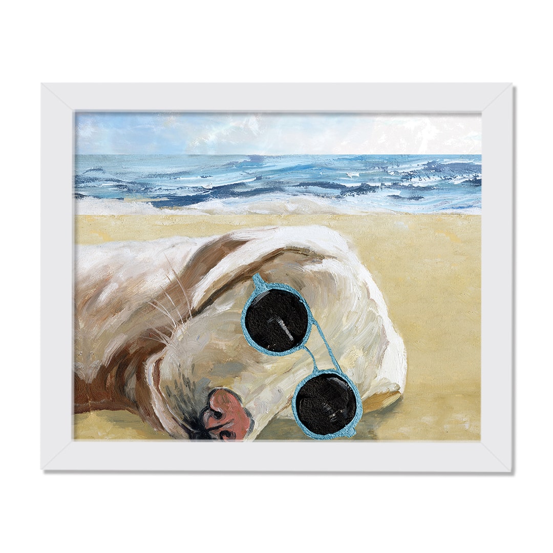 Sleepy Sunglasses Beach Dog 1 11" x 14" White Framed Print Under Plexiglass