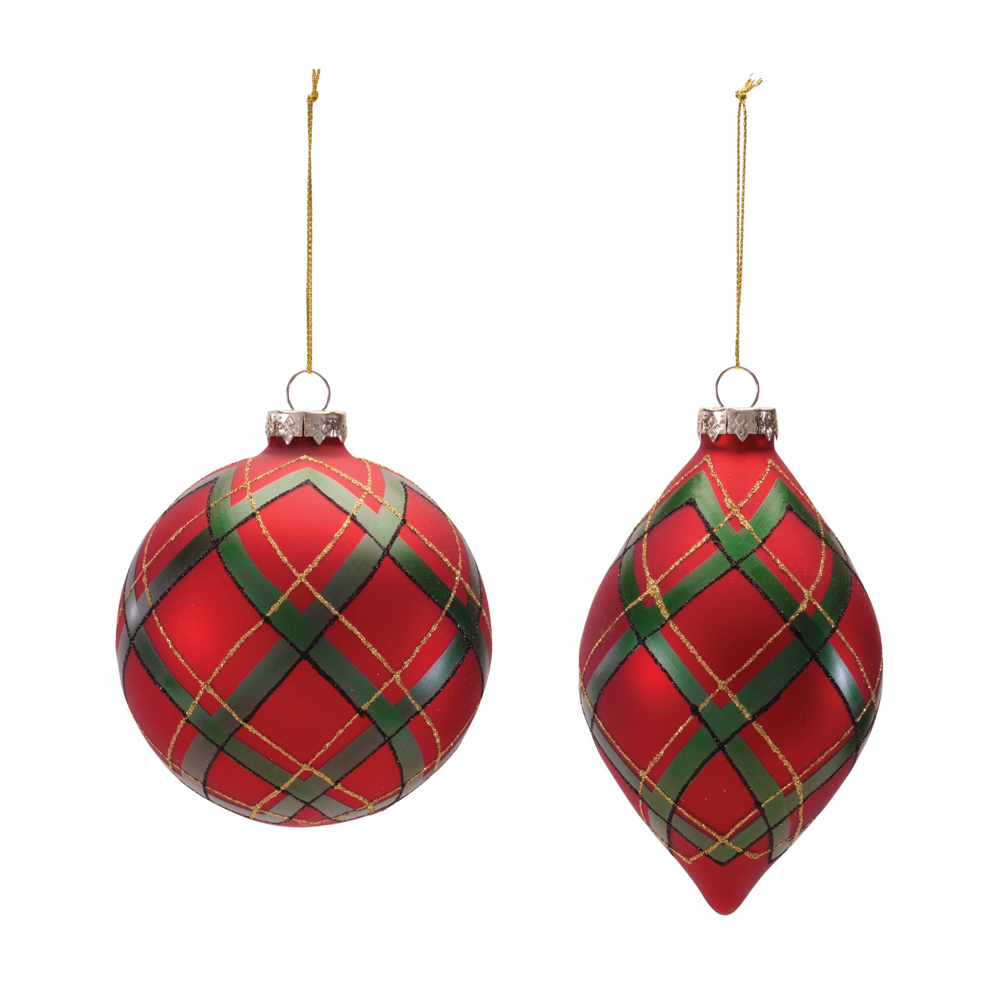 Melrose Red & Green Plaid Glass Ornament Set