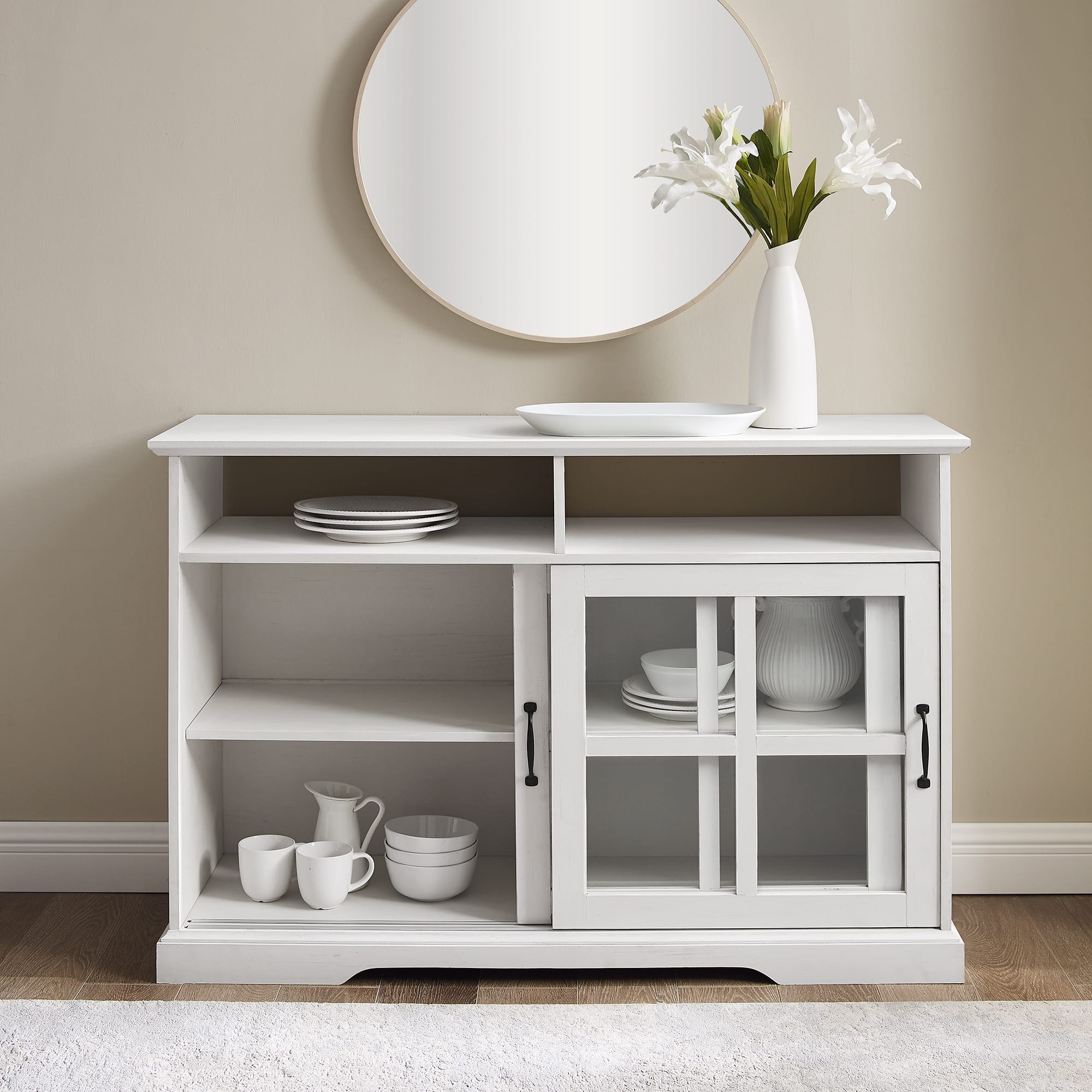 Walker Edison 48" Brushed White Sliding Glass Door Sideboard