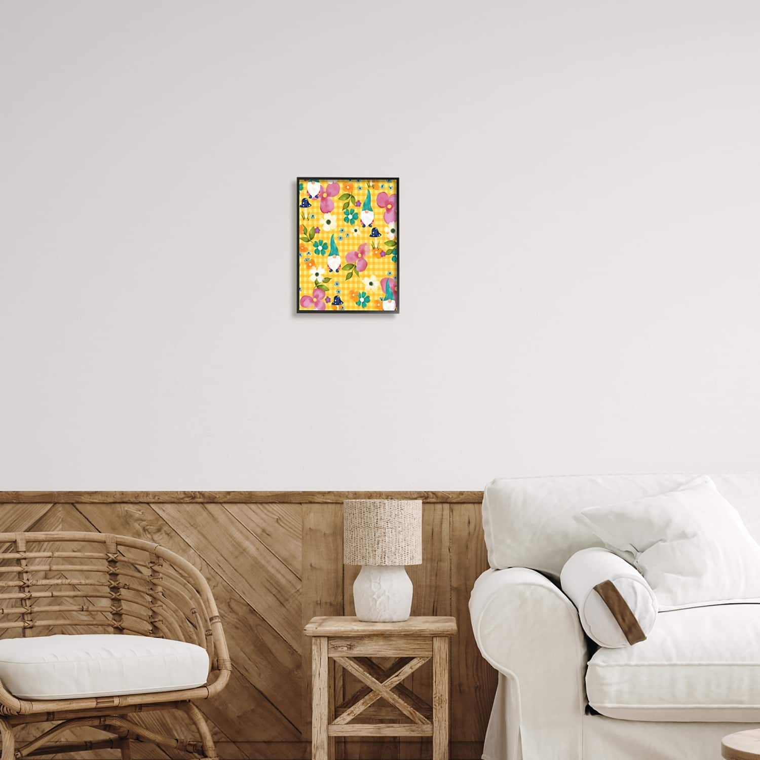 Stupell Industries Yellow Tartan Patterned Spring Gnomes Mushrooms Framed Giclee Art