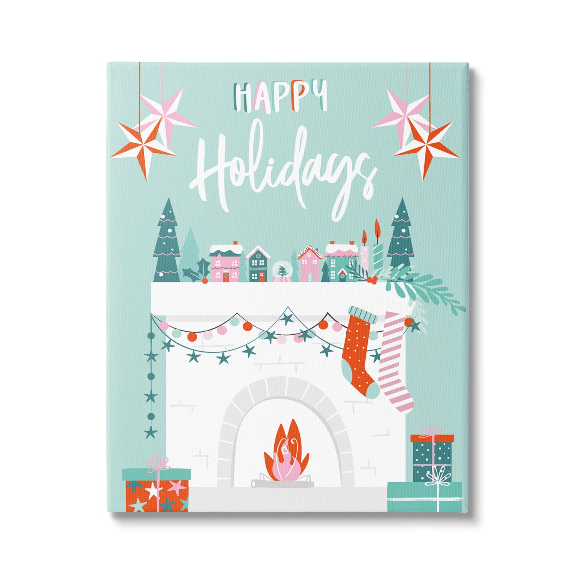 Stupell Industries Happy Holidays Festive Mantel Stockings Canvas Wall Art