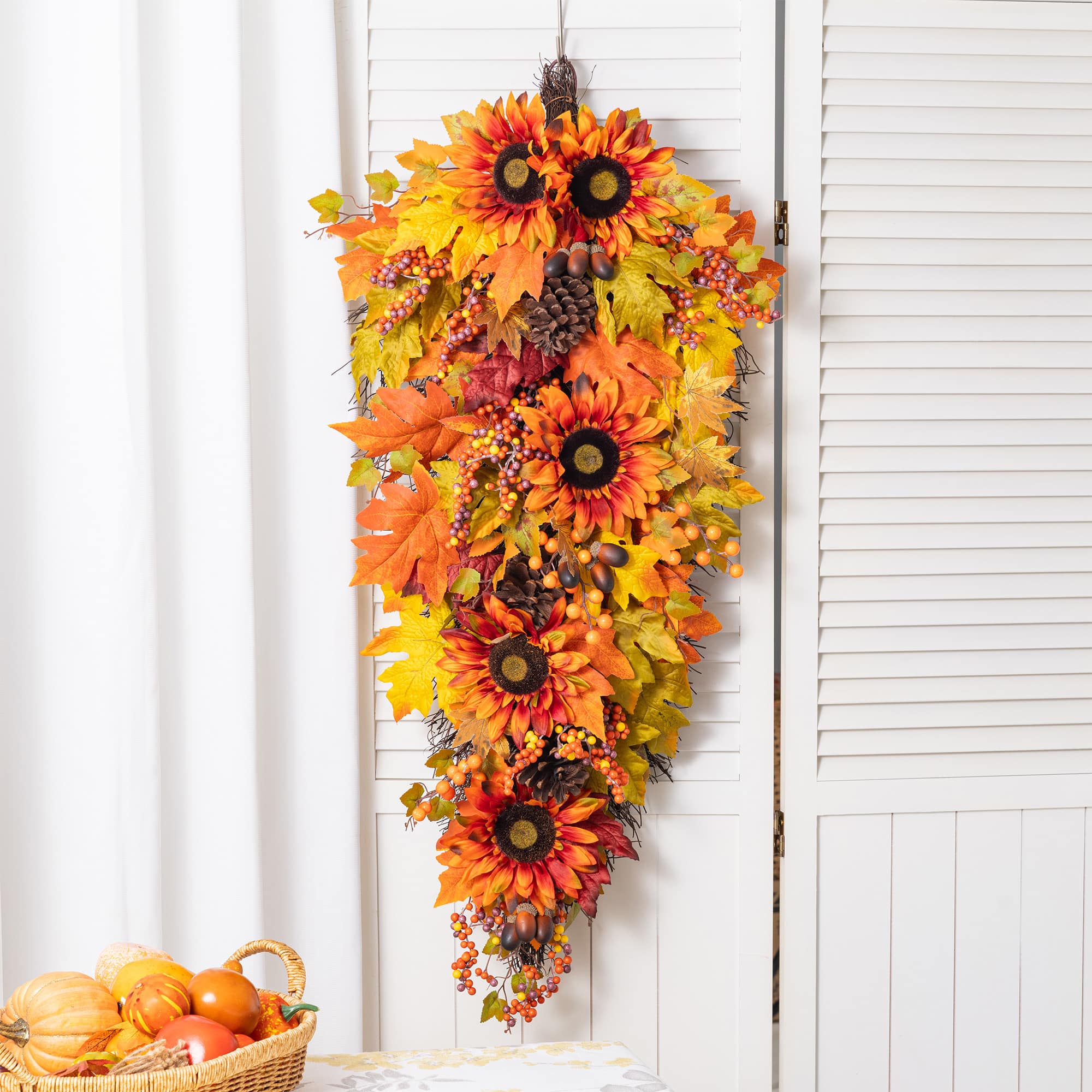 Glitzhome® 38" Oversized Fall Sunflower Teardrop Swag