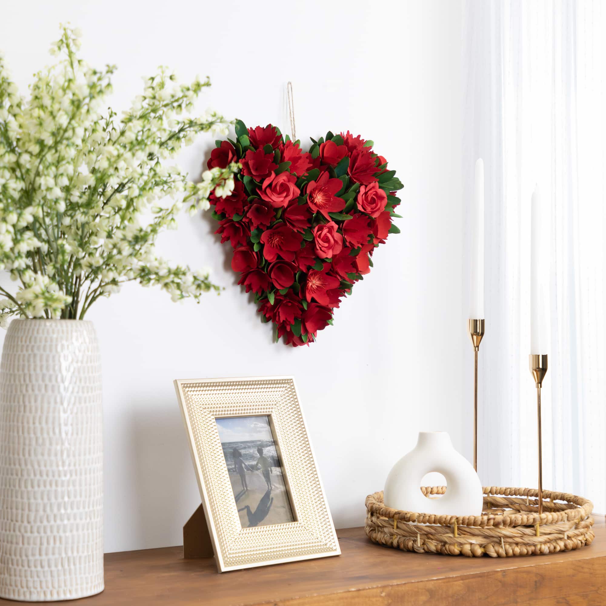 12.25" Mixed Floral with Wooden Flowers Artificial Valentine's Day Heart Wreath