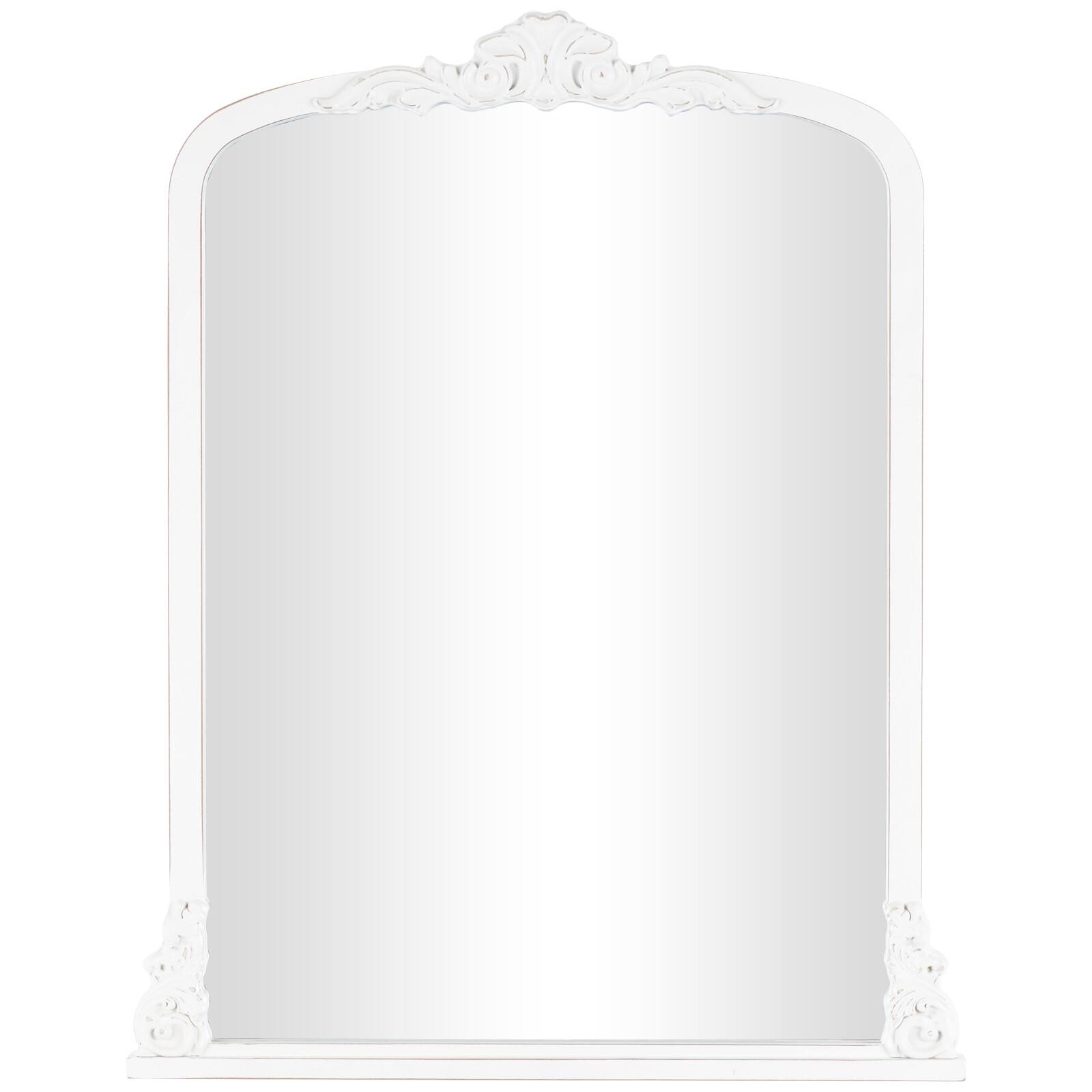 27" x 35", White Wooden Arched Wall Mirror with Scroll Details