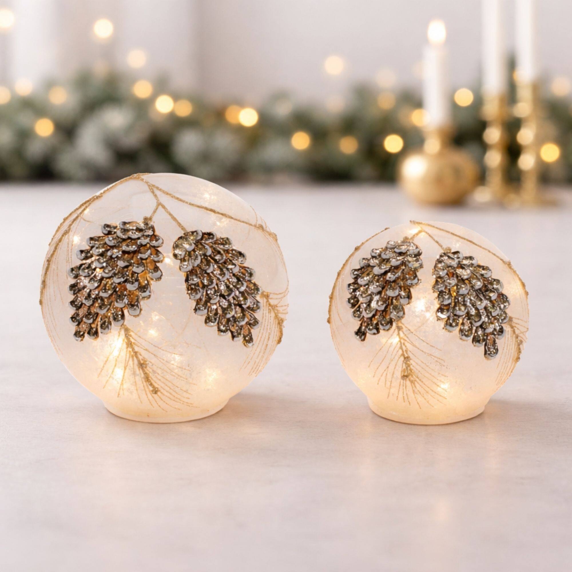 Melrose LED Frosted Pinecone Globe Set