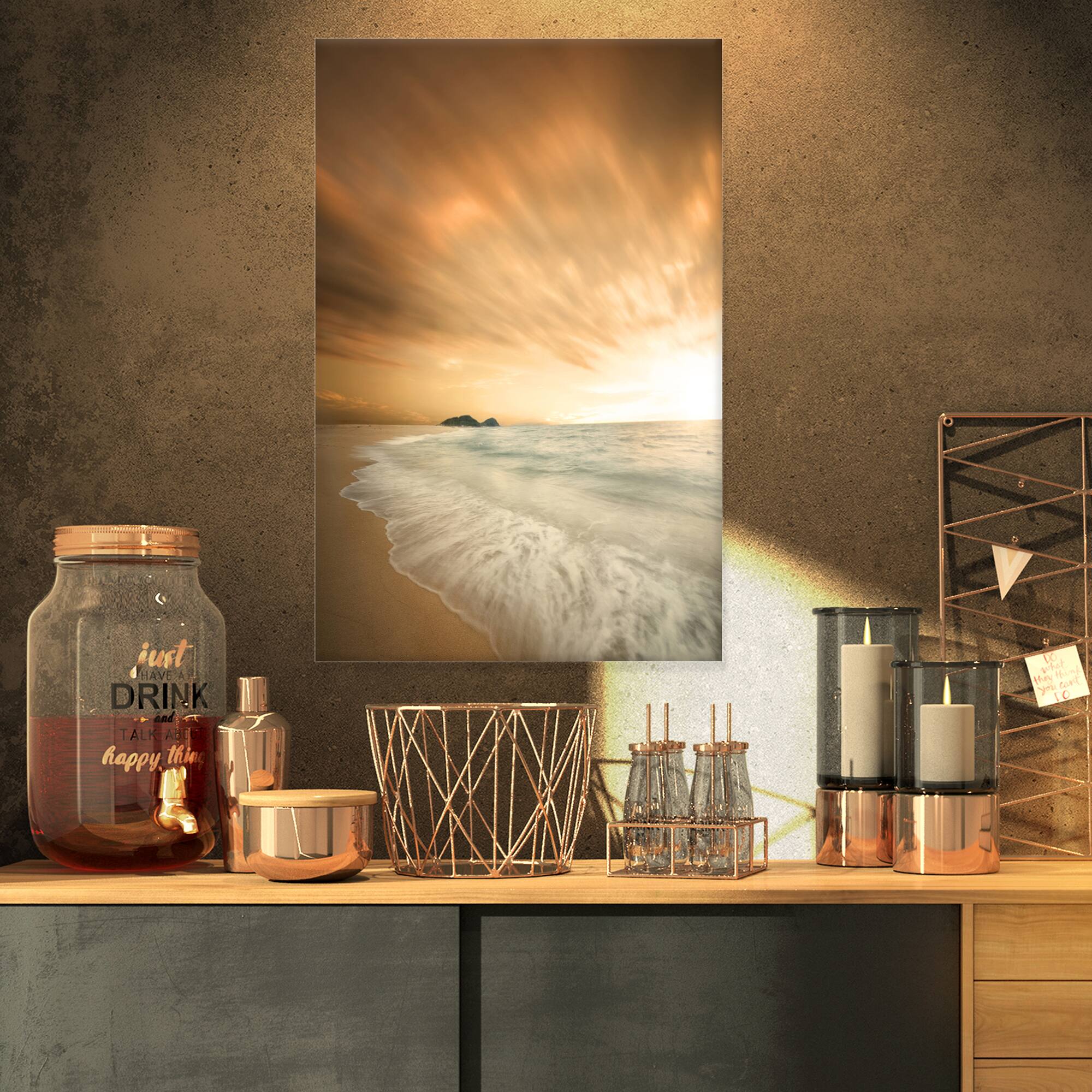 Designart - Beautiful Brown Beach at Sunset - Large Beach Canvas Wall Art