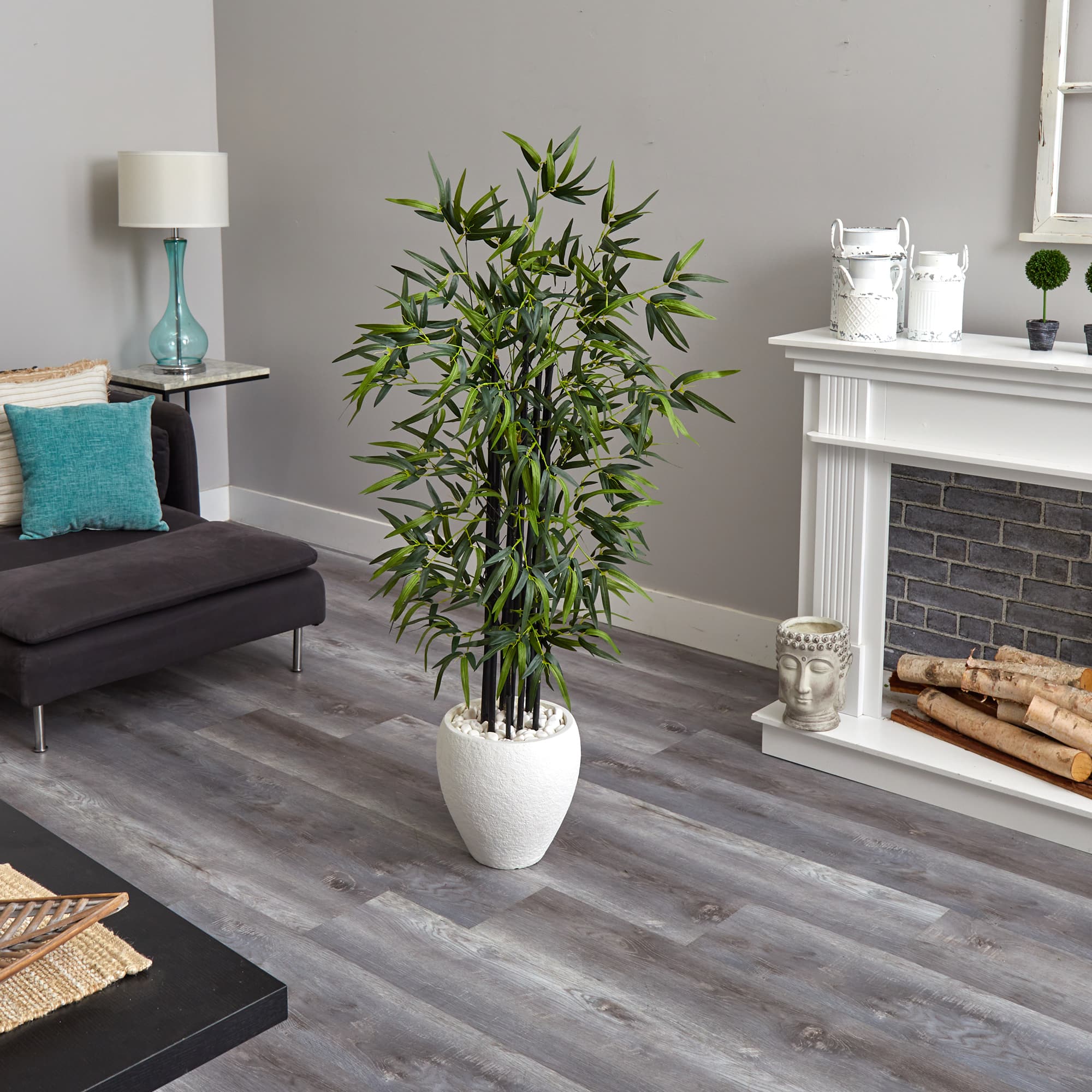 5ft. Black Bamboo Tree in White Oval Planter