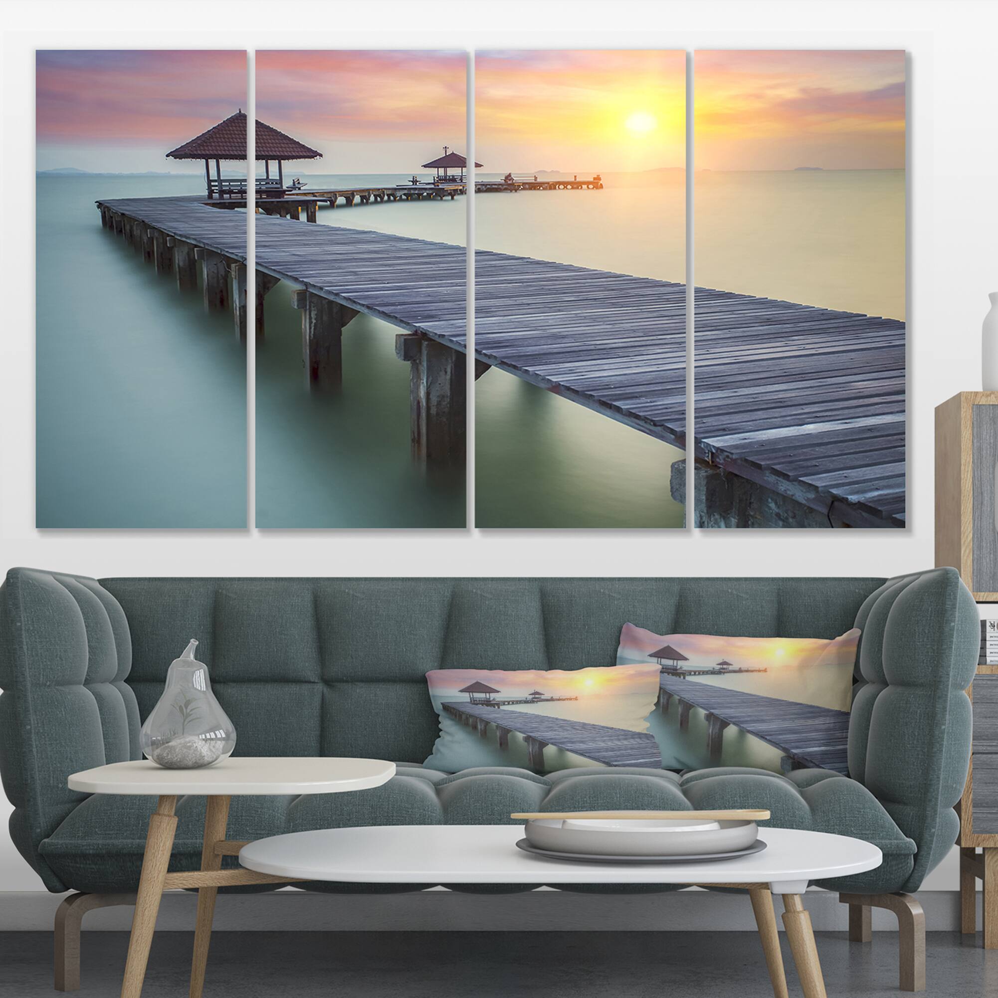 Designart - Wooden Sea Bridge and Sunset - Seashore Photo Canvas Print