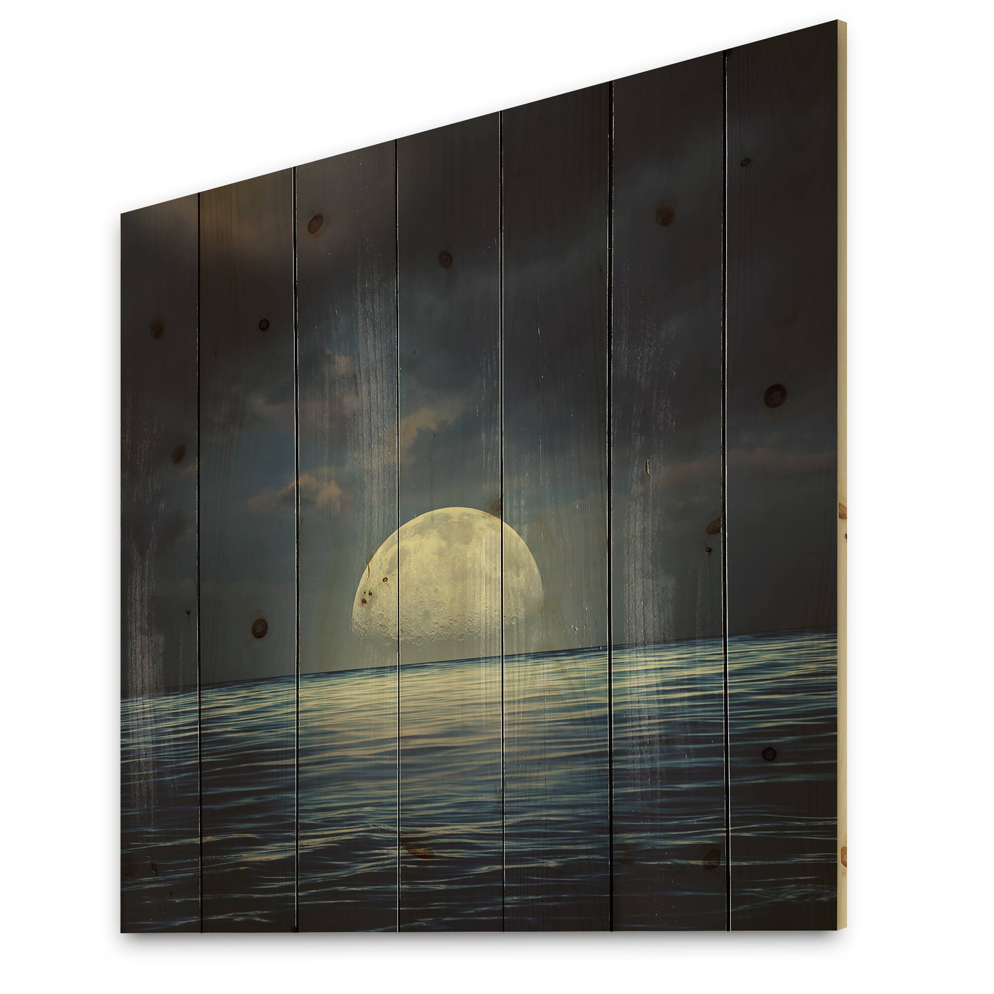 Designart - Super Moon Over The Sea II - Nautical & Coastal Print on Natural Pine Wood
