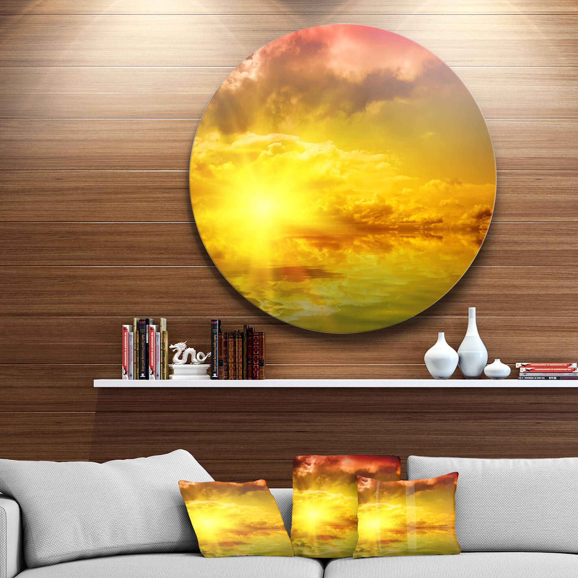 Designart - Red Dramatic Sky with Yellow Sun' Ultra Glossy Landscape Metal Circle Wall Art