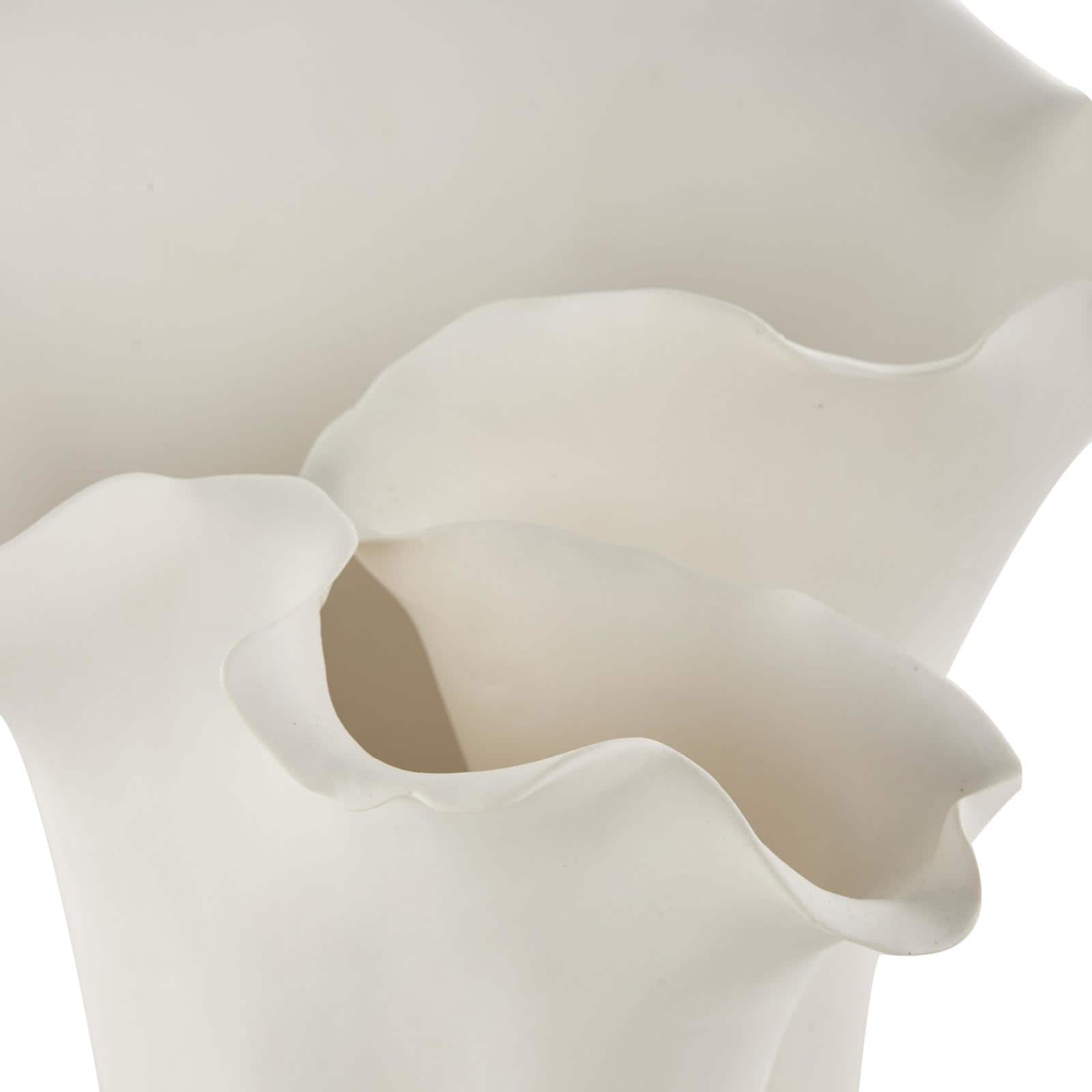 10.5" White Ceramic Abstract Floral Vase with Wavy Folded Rim