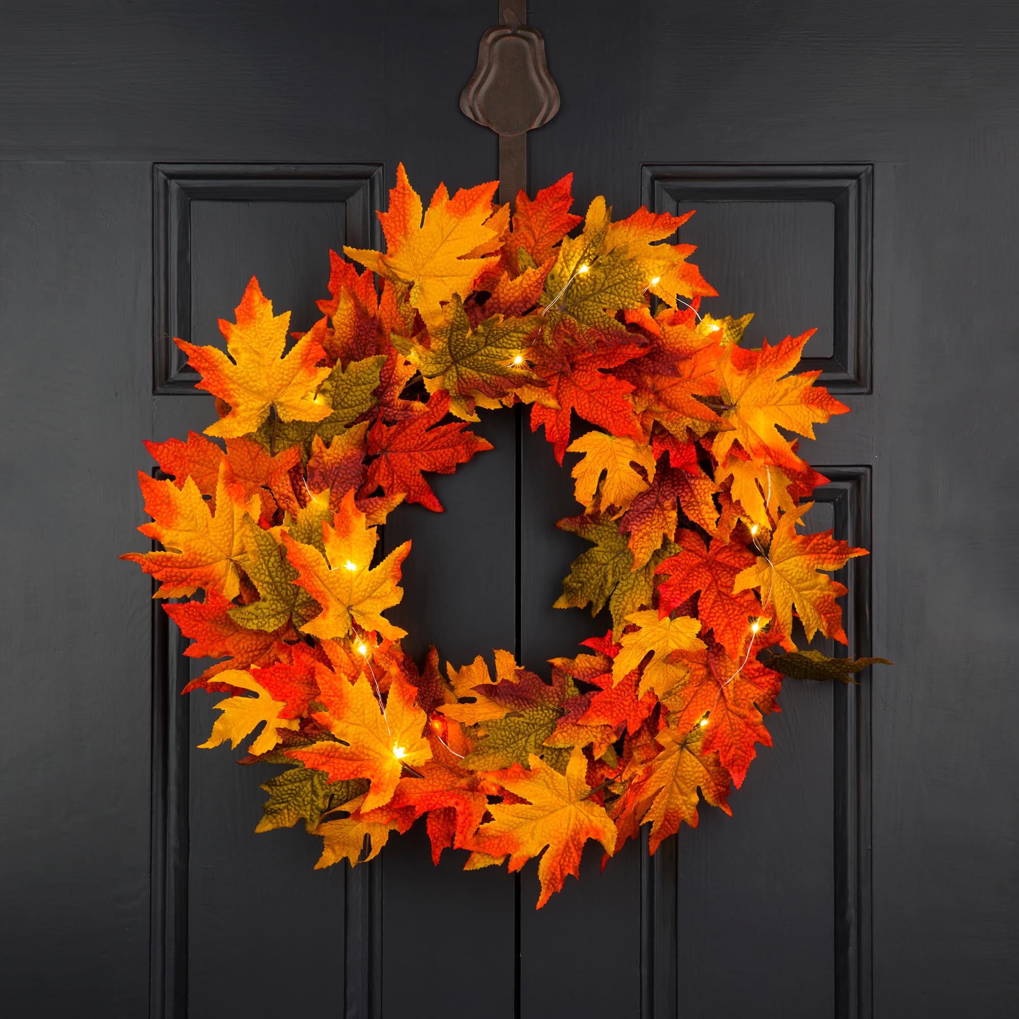 Glitzhome® 24" Fall Lighted Maple Leaves Wreath with Timer