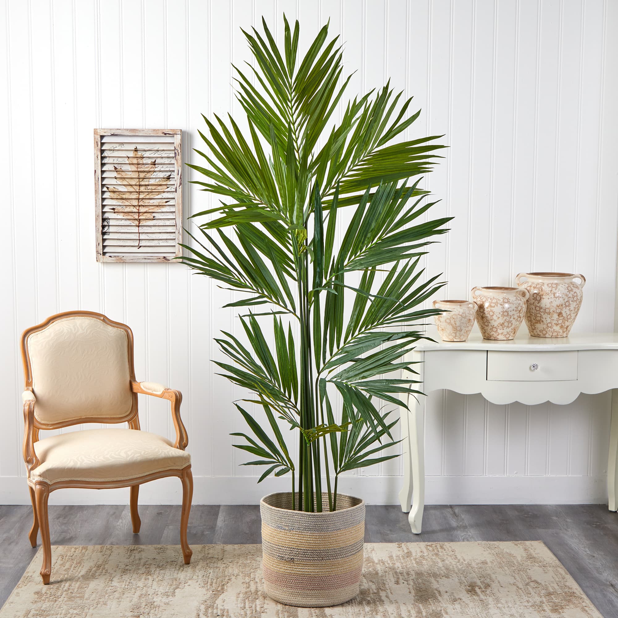 7ft. Kentia Artificial Palm in Handmade Natural Cotton Multicolored Woven Planter