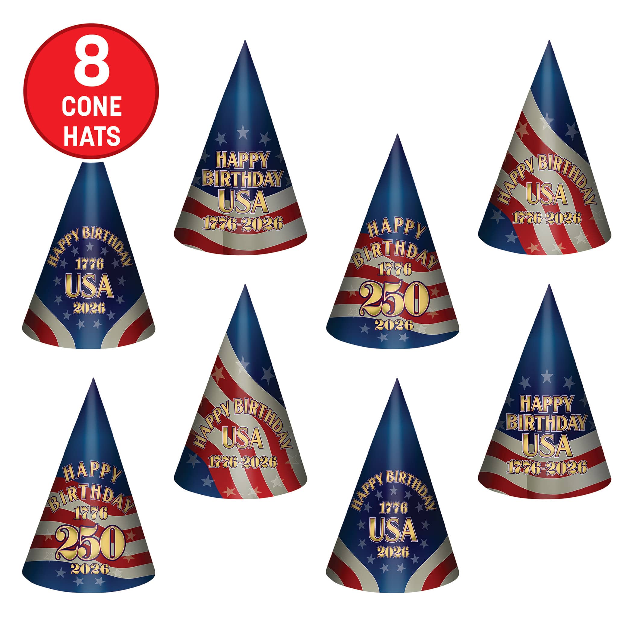 Beistle 9" Semiquincentennial Cone Hats, 2 Packs of 4