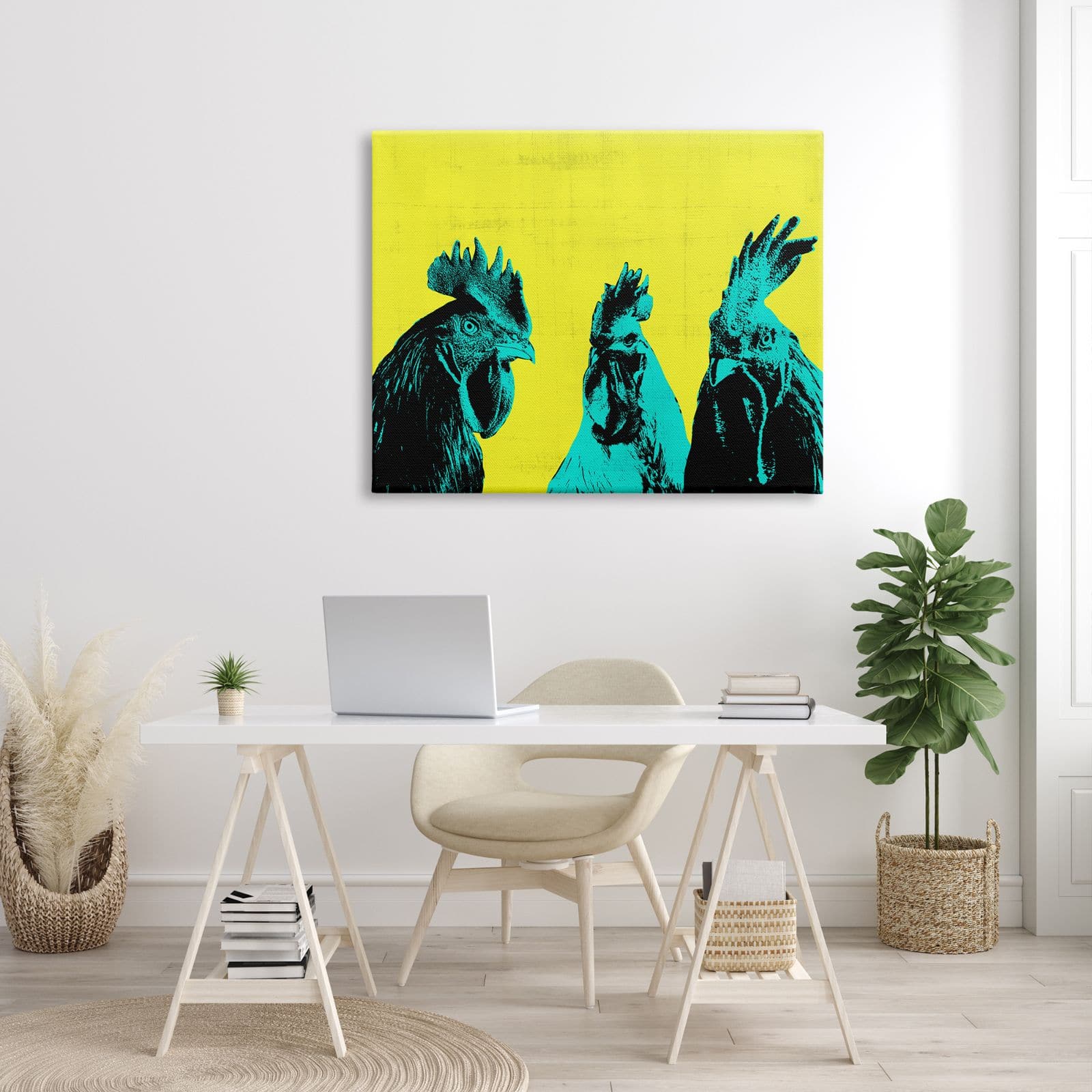 Stupell Industries Bold Pop Farm Roosters Yellow Blue Abstract Birds Canvas Wall Art