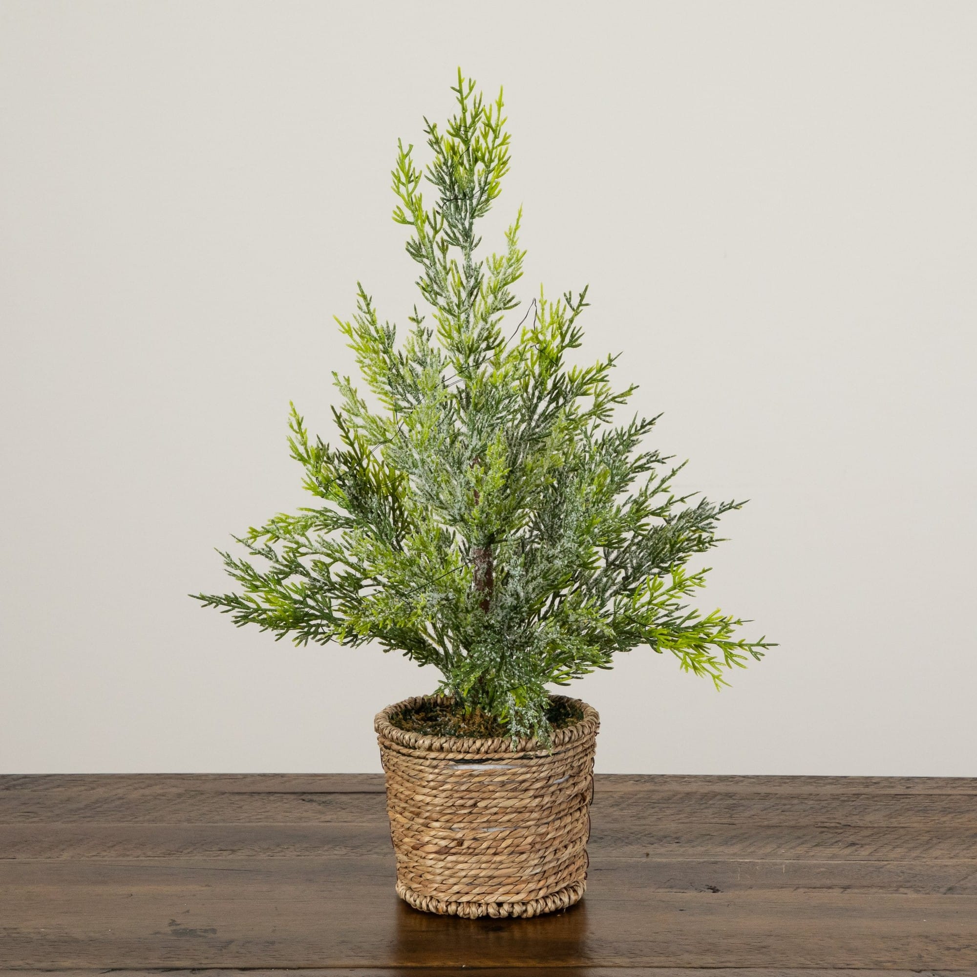 Nearly Natural 18" Pre-Lit Artificial Snowed Cypress Christmas Tree in Hyacinth Basket, Warm White LED Lights