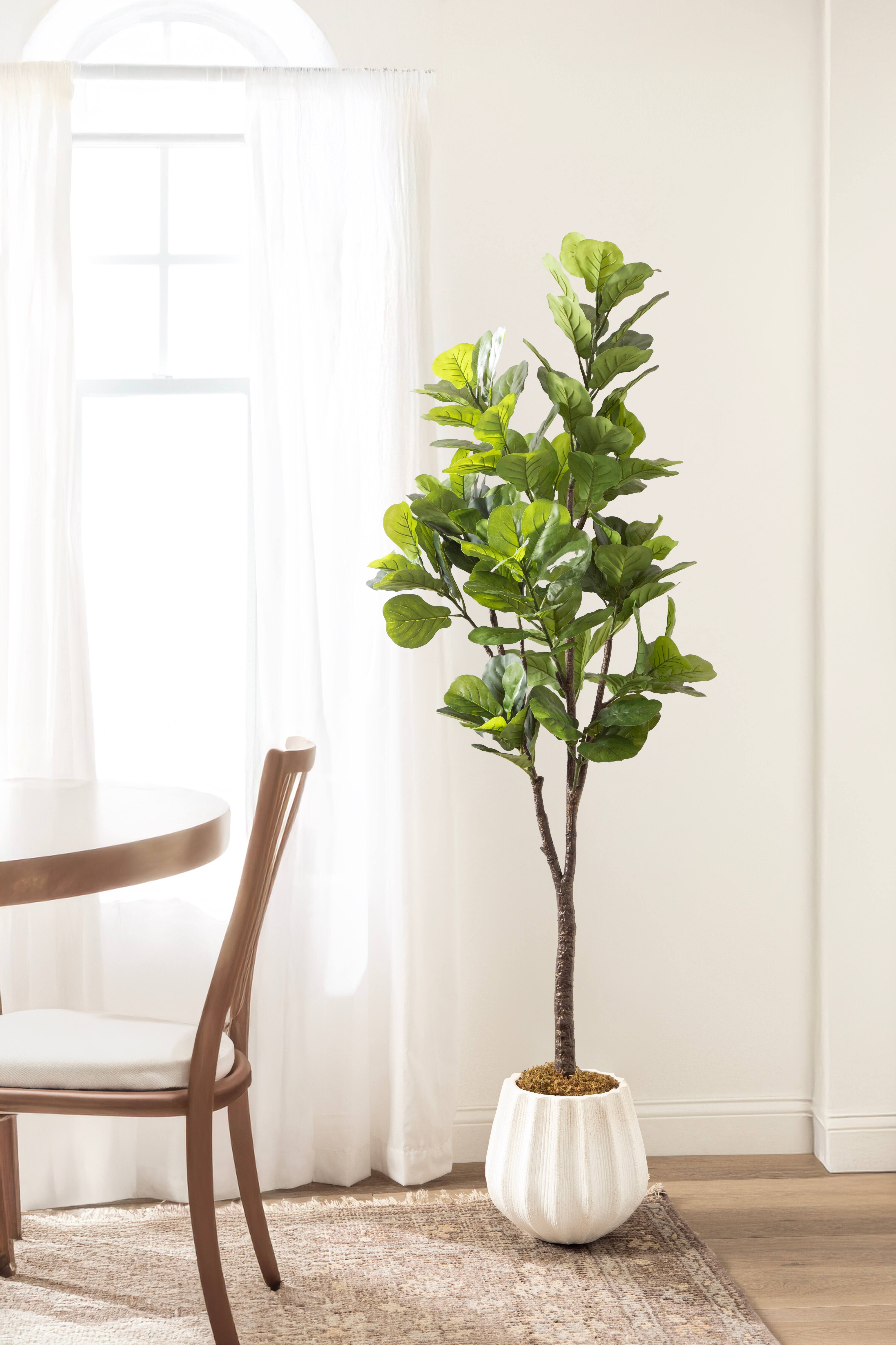 Kate and Laurel Fidmont 6ft. Faux Fiddle Fig Tree with Claudel Scalloped Planter
