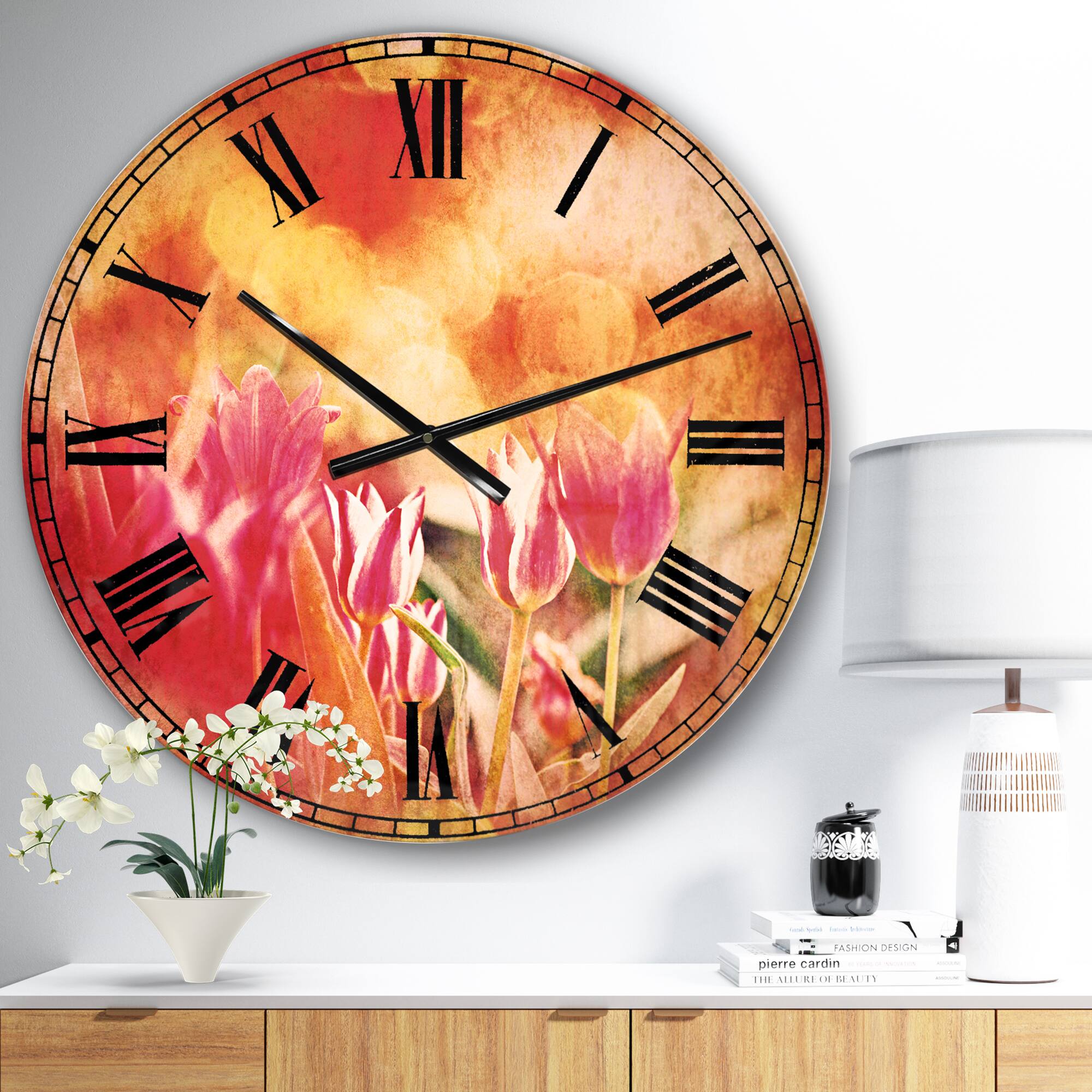 Designart 'Tulips On Abstract Red Background Traditional Wall Clock