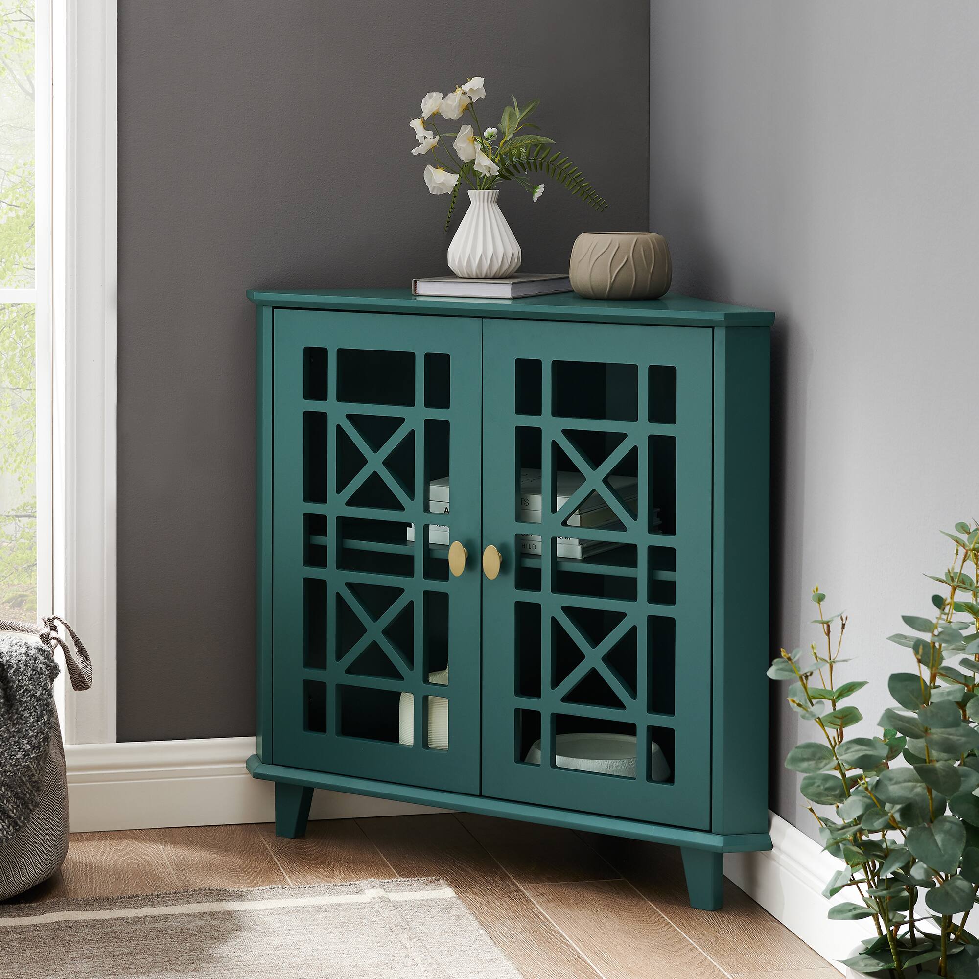 Walker Edison 30" Dark Teal Fretwork Corner Accent Cabinet