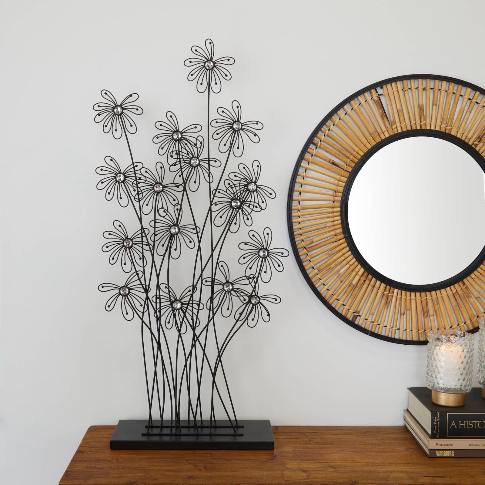 40" Black Metal Floral Sculpture with Crystal Embellishments