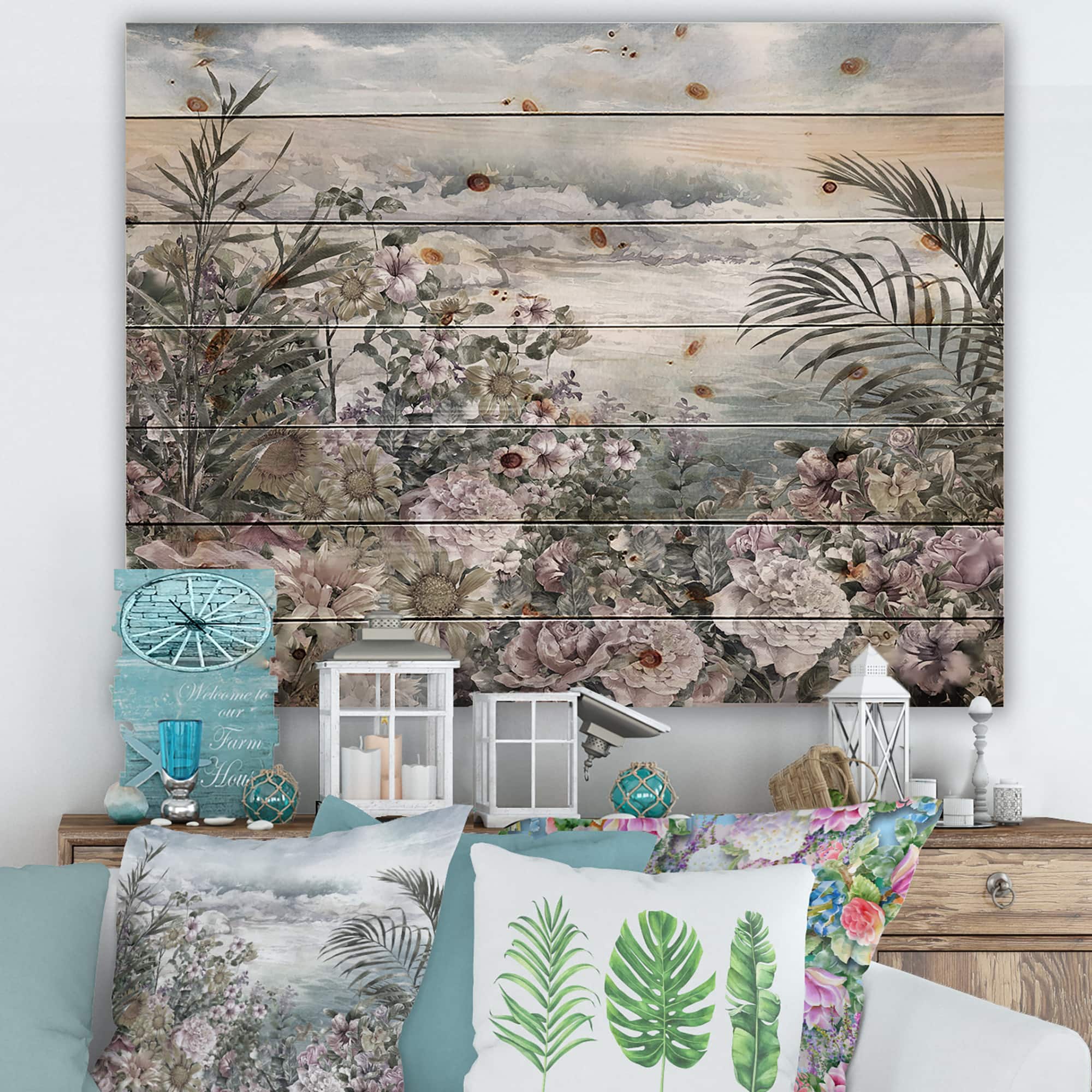 Designart - Retro Flowers By The Sea Side - Vintage Print on Natural Pine Wood