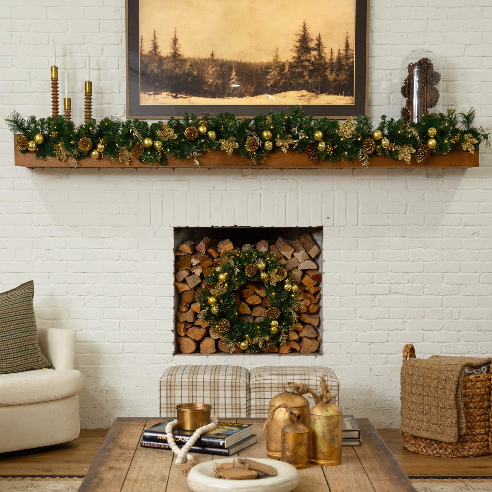 24in. Pre-Lit Artificial Golden Frosted Christmas Wreath with 50 Warm White LED Lights Pinecones, Berries and Ornaments