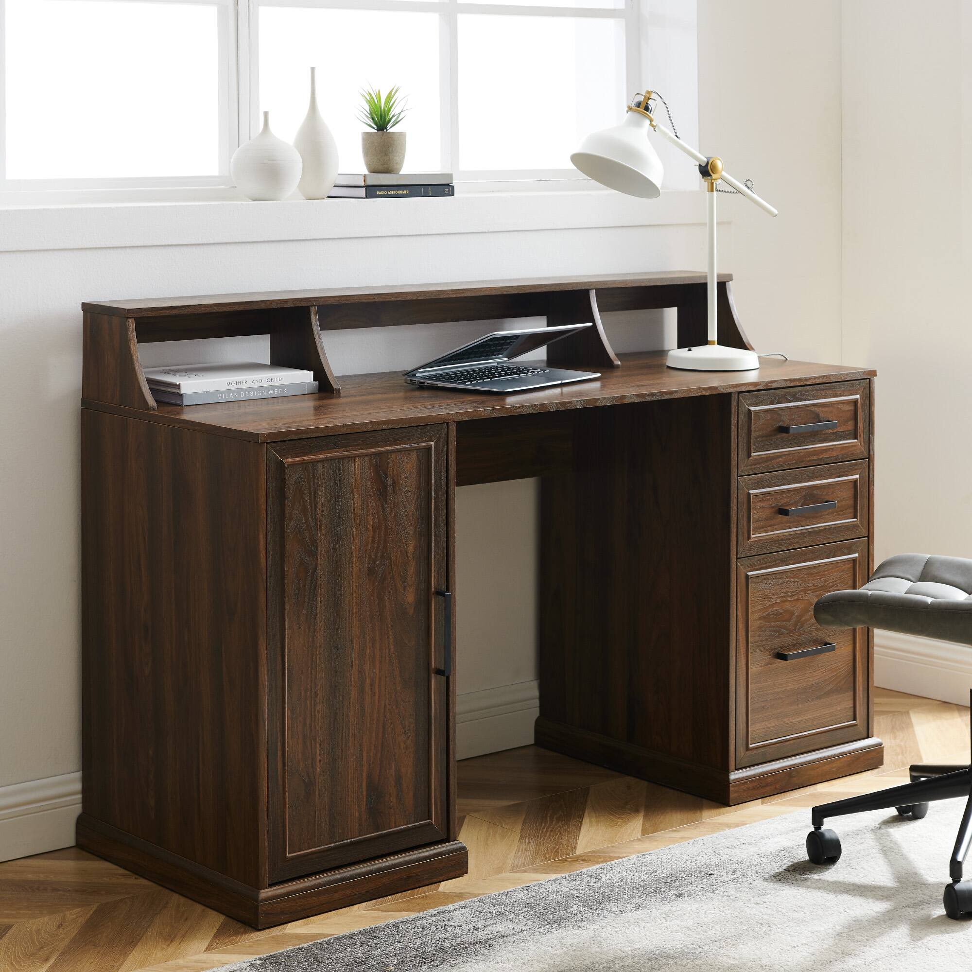 Walker Edison 58" Dark Walnut 3 Drawer Computer Desk with Hutch