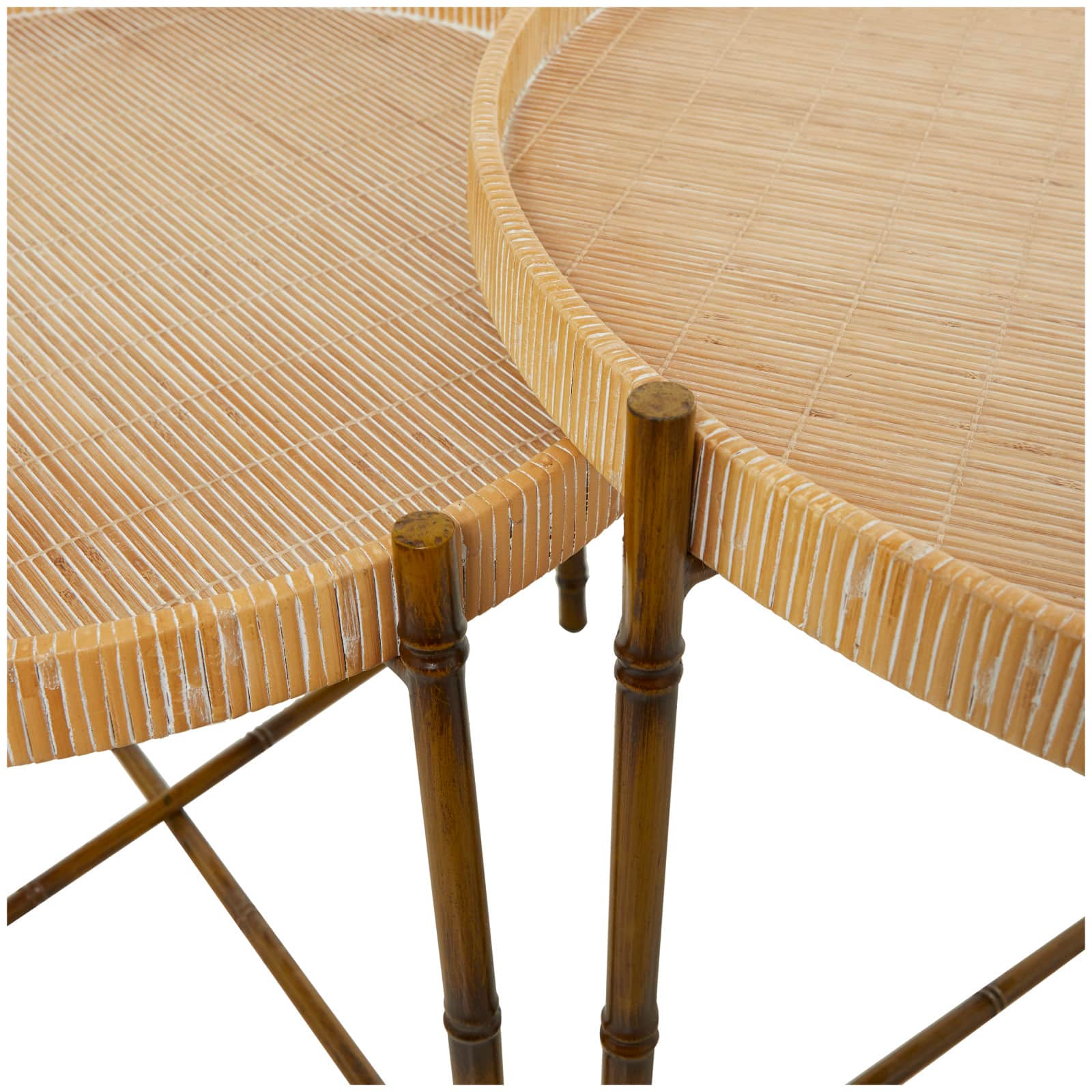 Brown Rattan Nesting Accent Table with Metal Bamboo Inspired Legs Set of 2 20", 18"