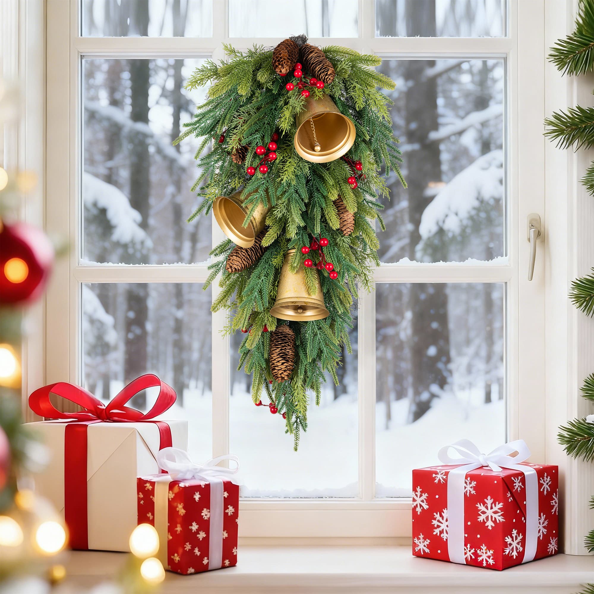 Glitzhome® 30" Christmas Deluxe Gold Bell & Pinecone PE Dripping Teardrop, Set of 2