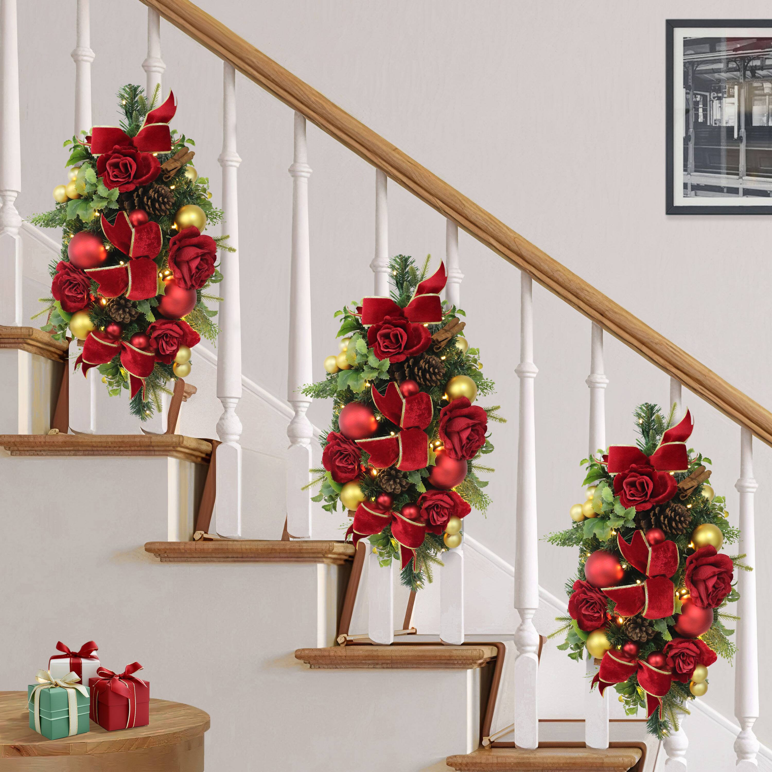 28" Pre-Lit Red & Gold Adorned Artificial Banister Swag