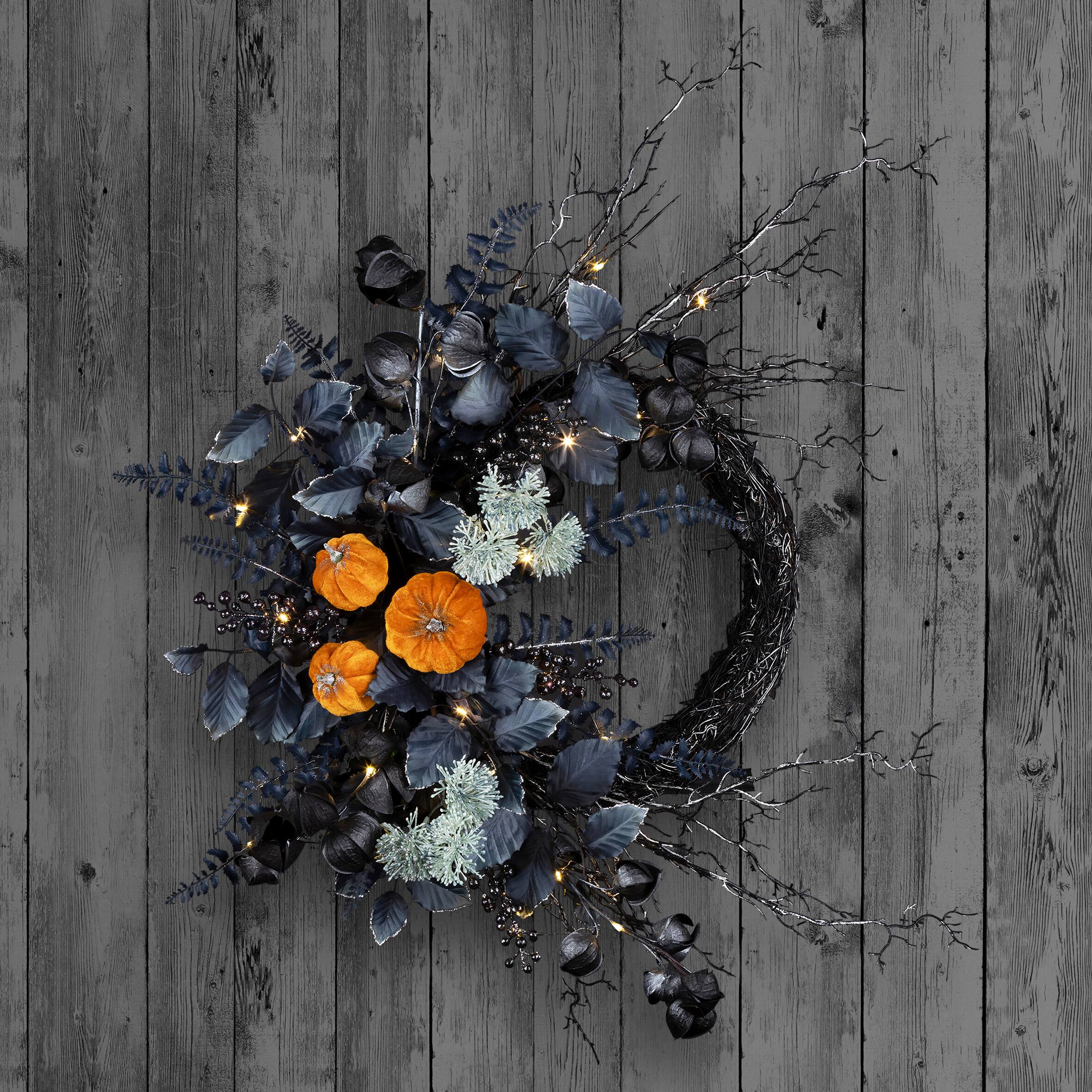 20" Halloween Pumpkin & Flower Pre-Lit LED Wreath