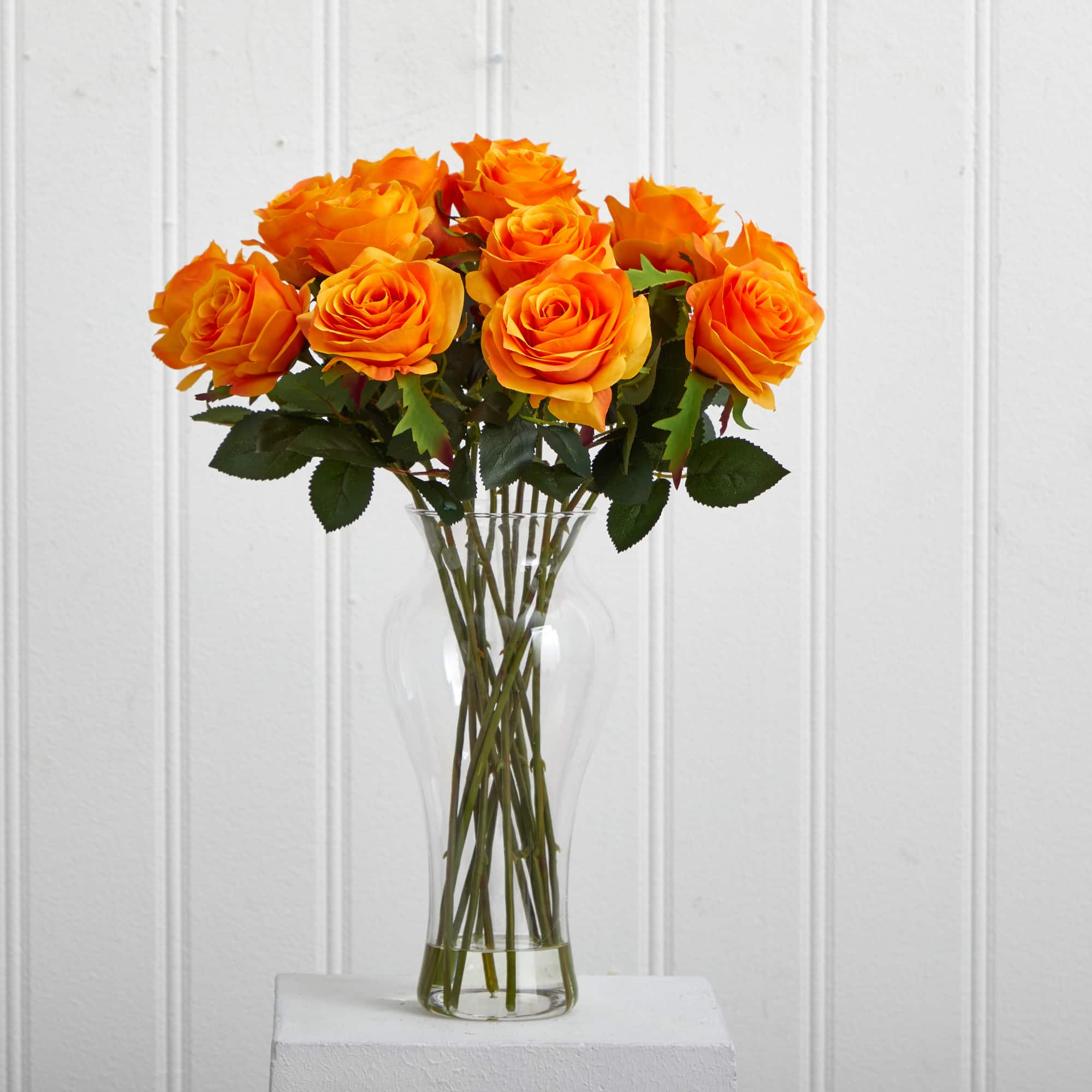 18" Blooming Orange Yellow Roses in Decorative Vase