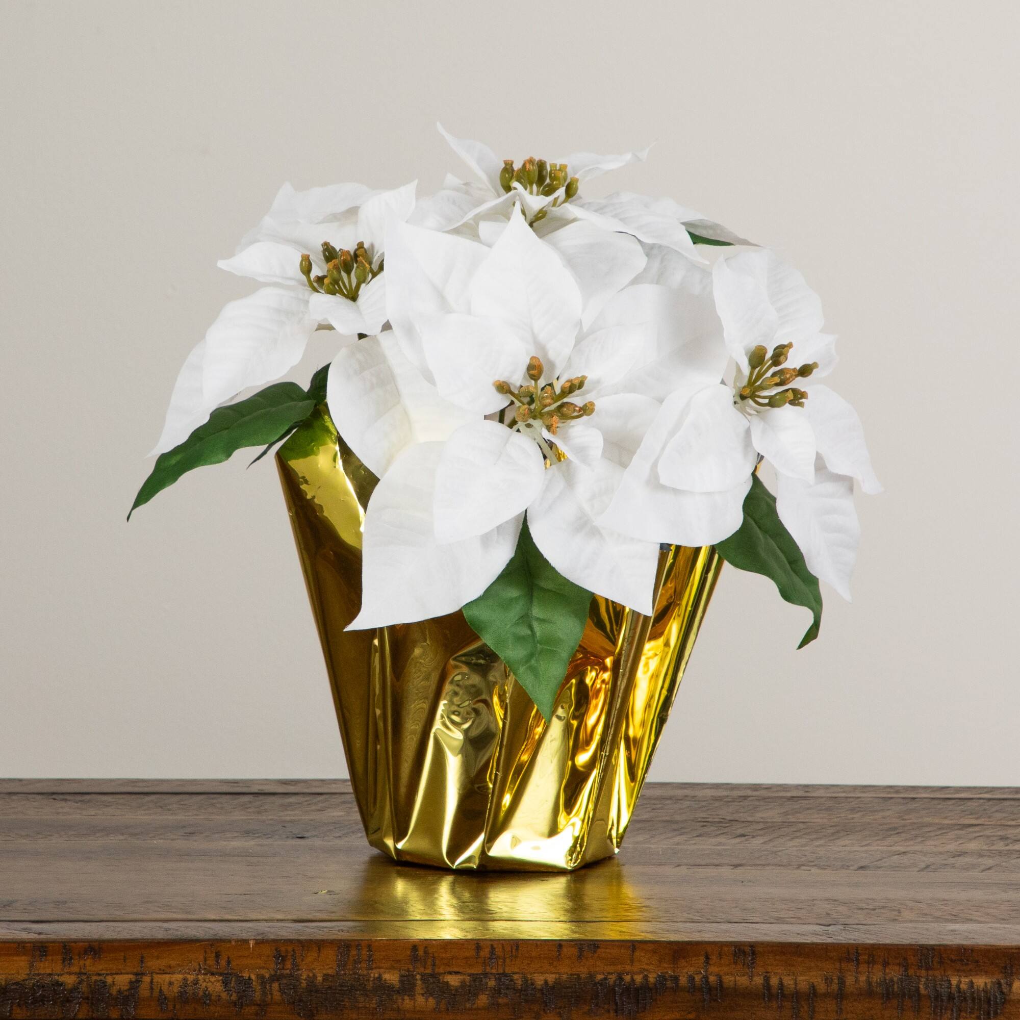 Nearly Natural 13" White Artificial Velvet Poinsettia Arrangement in Gold Wrapped Planter