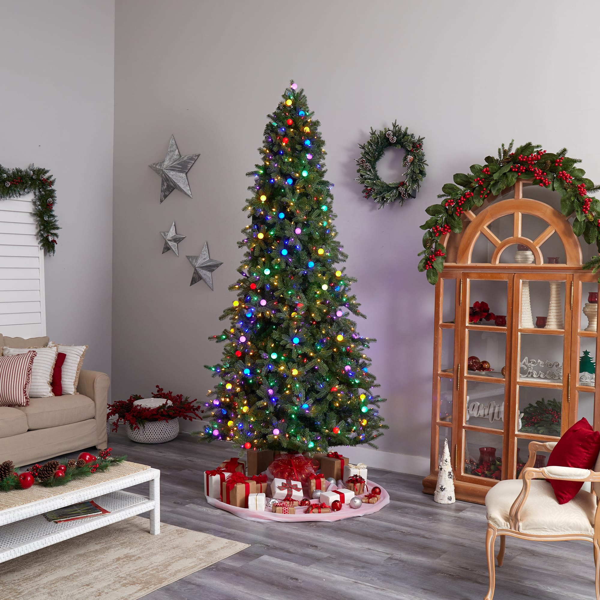 9.5ft. Pre-Lit Montana Mountain Fir Artificial Christmas Tree, Multicolor LED Lights & Globe Bulbs