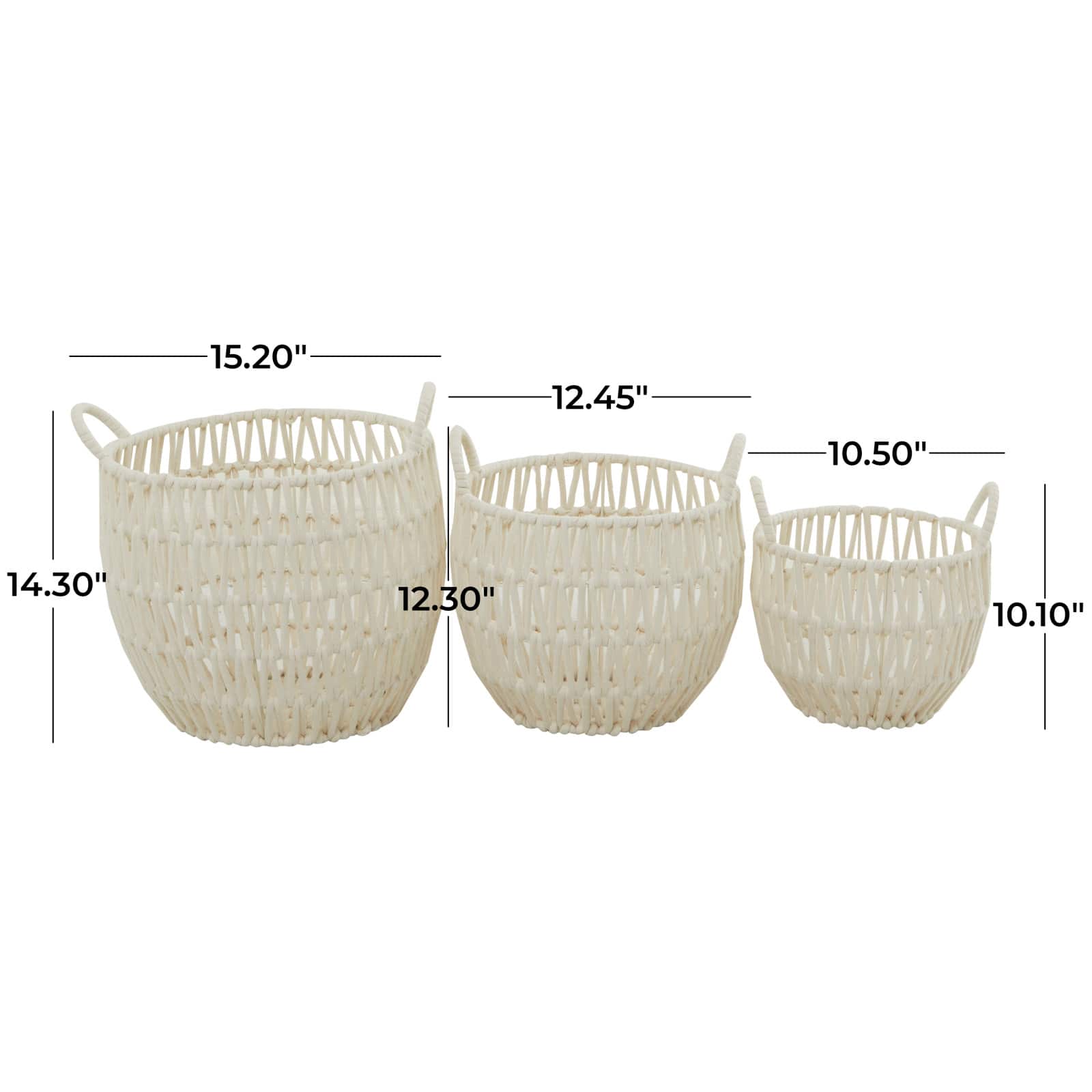 White Cotton Handmade Storage Basket with Handles Set of 3 14", 12", 10"