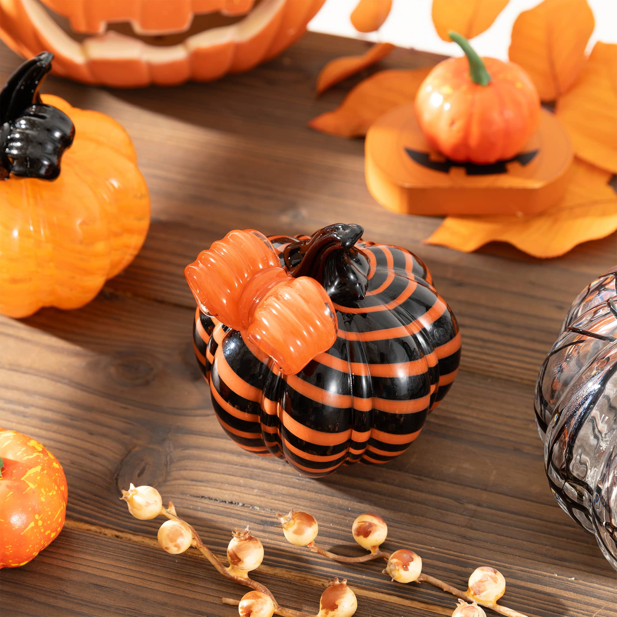 Glitzhome® 4.75" Halloween Striped Glass Pumpkin with Bow