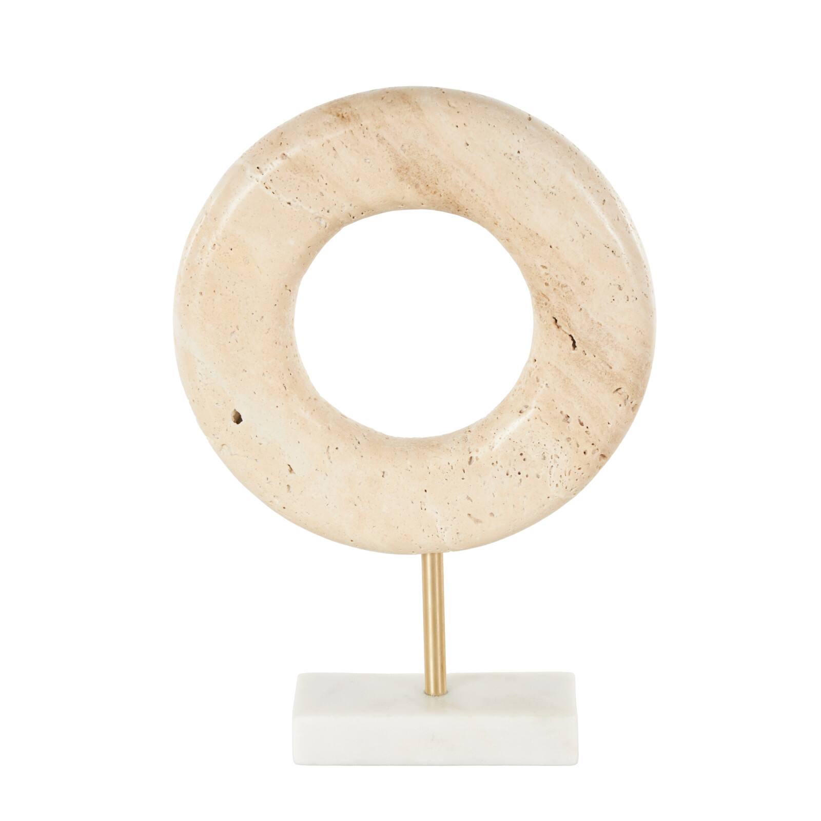 11.5" Cream Marble Geometric Textured Ring Decorative Sculpture with White Base & Gold Stand