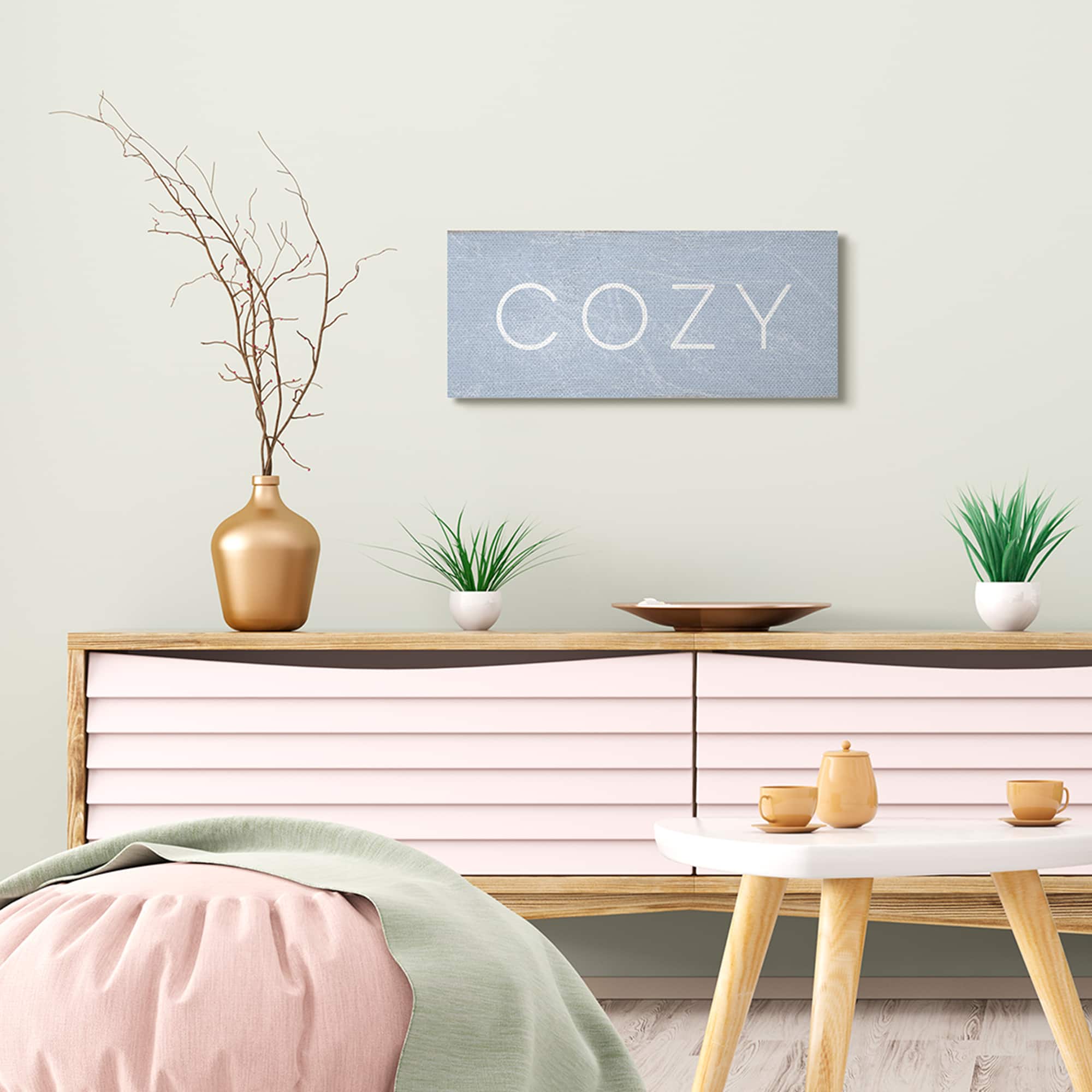 Stupell Industries Cozy Text Charming Distressed Blue Paint Canvas Wall Art