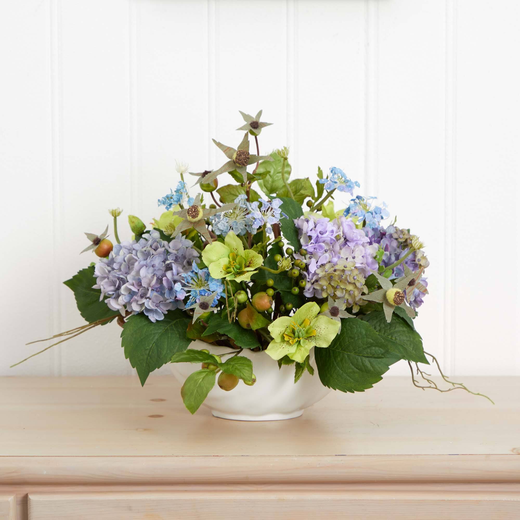14" Blue Hydrangea Centerpiece in White Ceramic Bowl