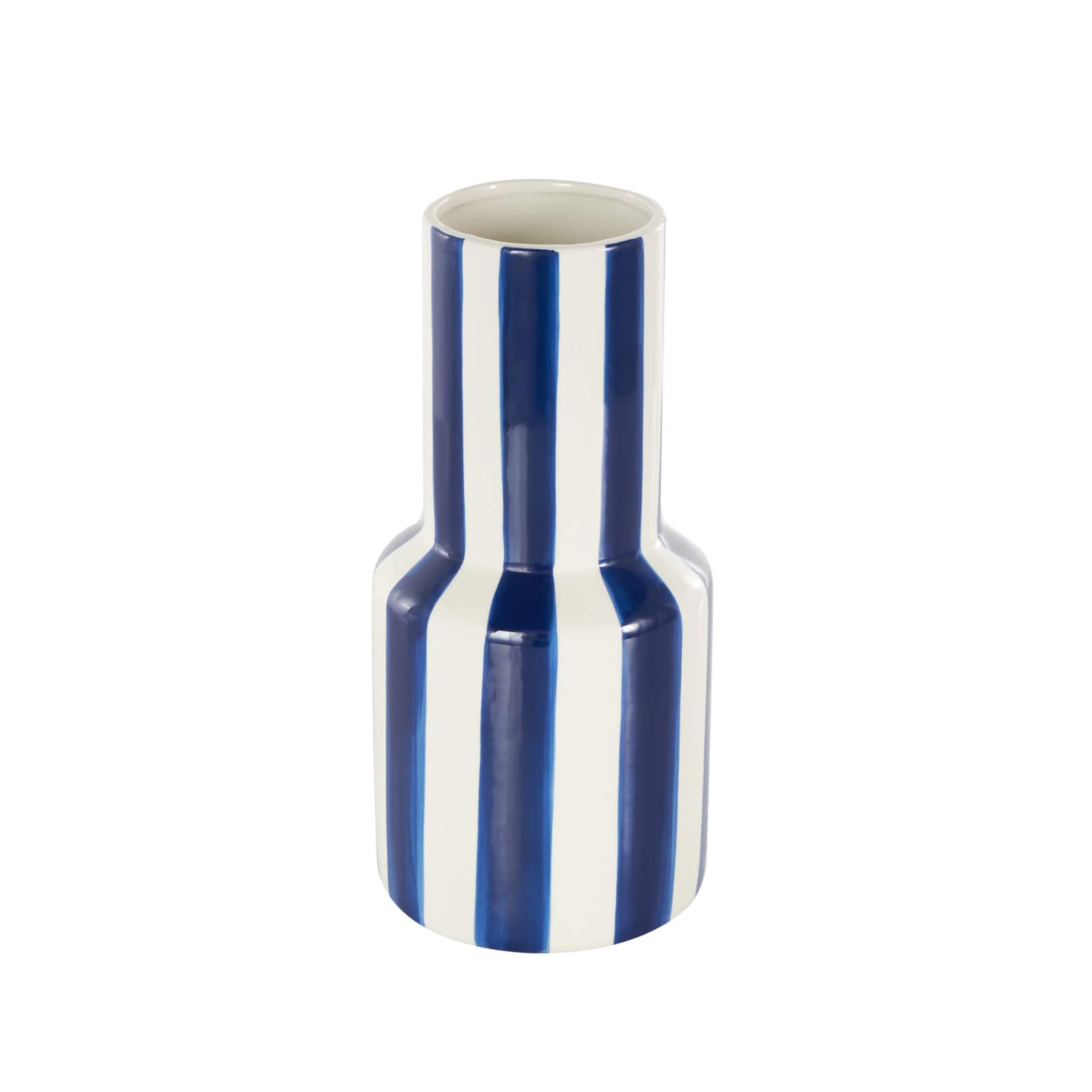 11" White & Blue Stripes Round Decorative Ceramic Vase