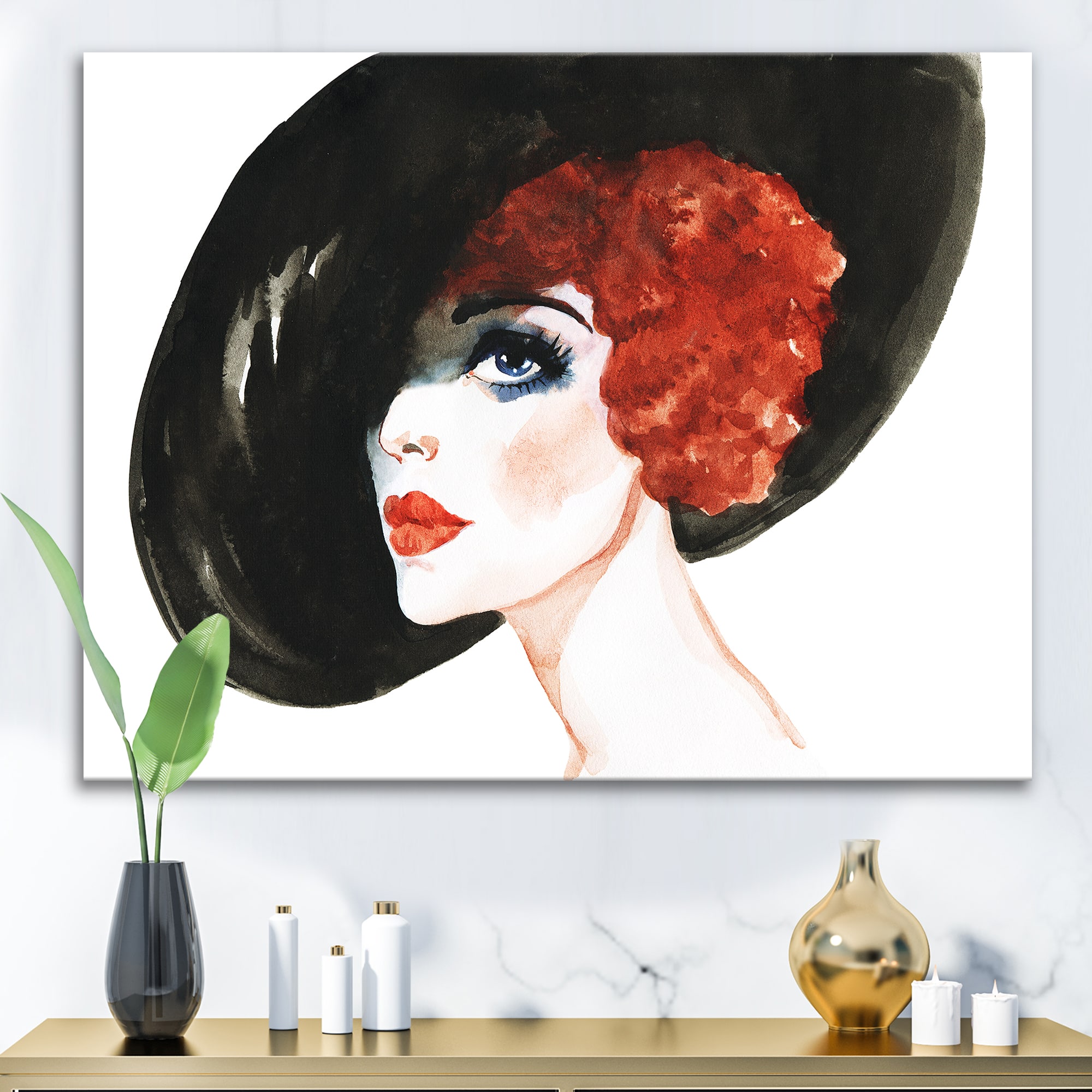 Designart - Red Head Lady In Hat Portrait of Woman - Modern Canvas Wall Art Print