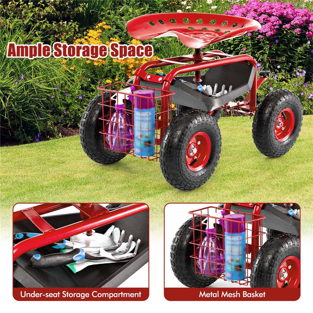 Costway Garden Cart Patio Wagon Rolling Work Seat with Tool Tray Basket