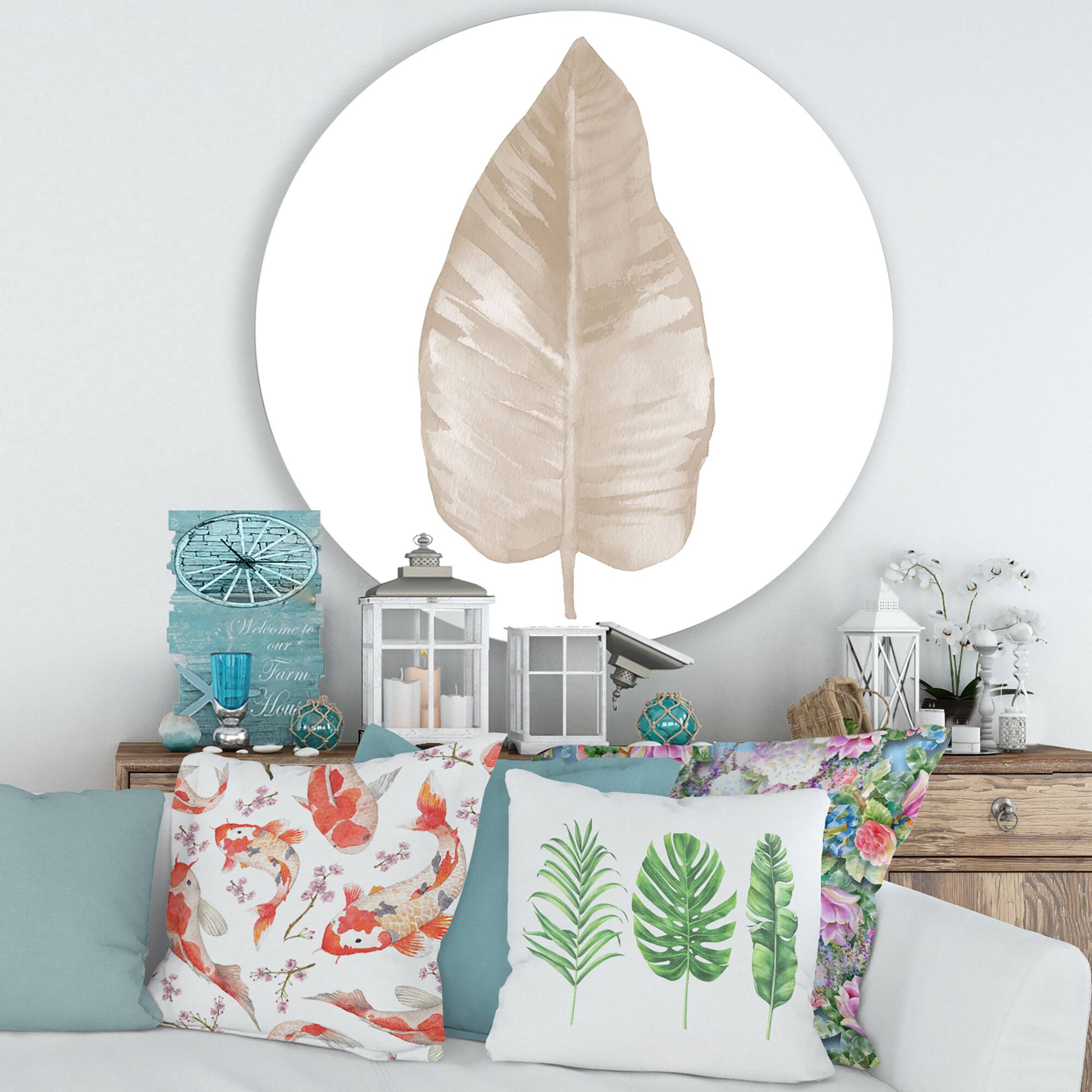 Designart - Dried Leaf Plant Beige On White - Traditional Metal Circle Wall Art