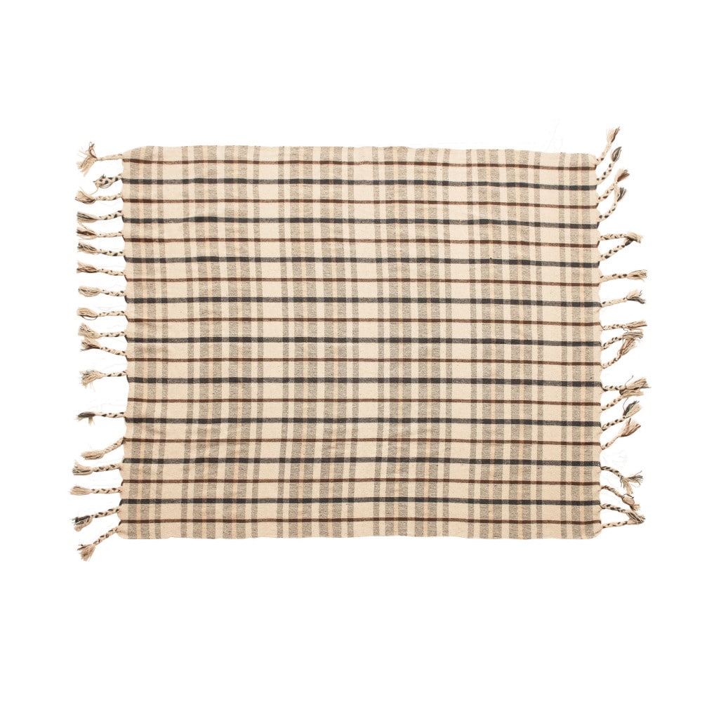 Hello Honey® Charcoal & Brown Woven Recycled Cotton Blend Plaid Throw with Tassels