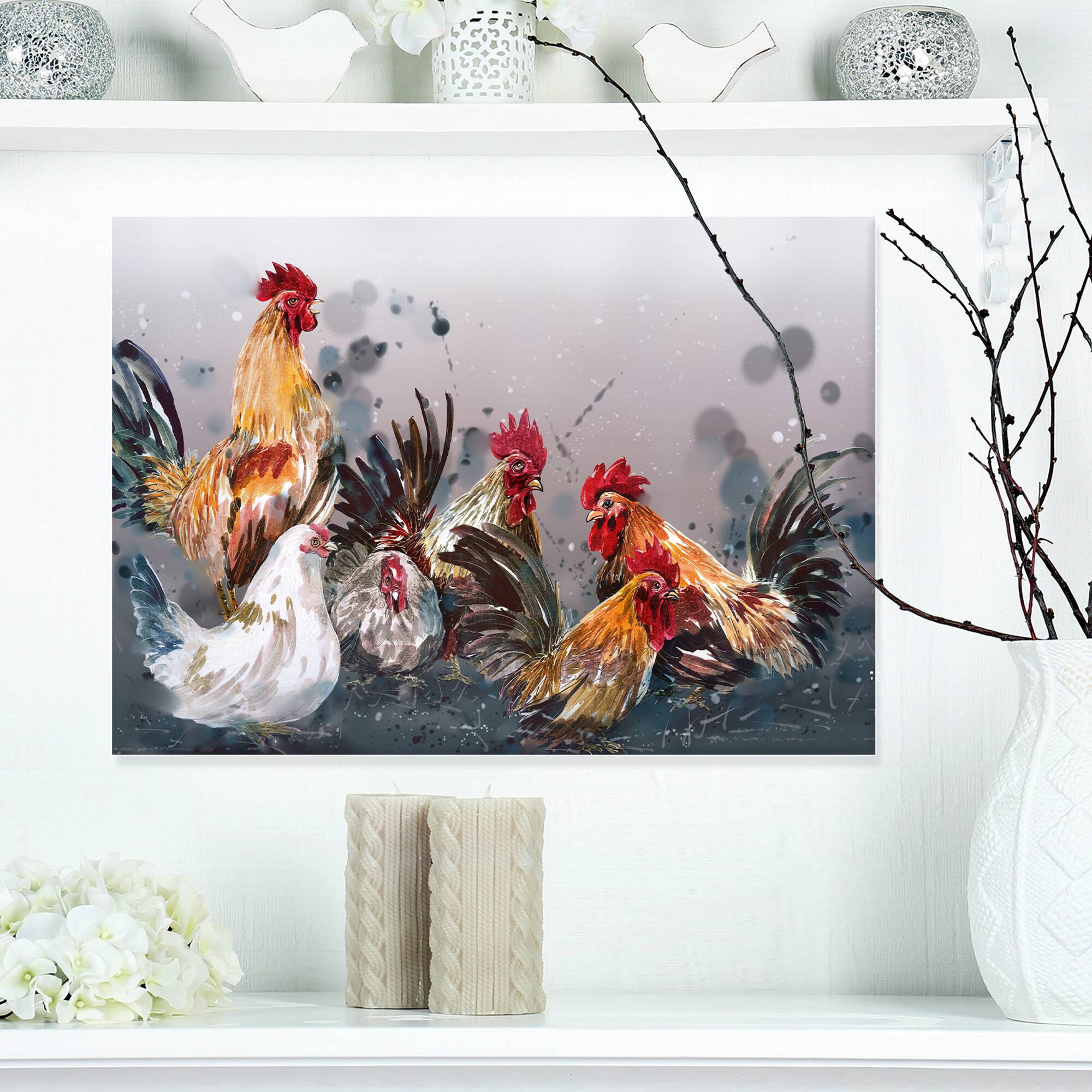 Designart - Group of Rooster in Gray Farm background