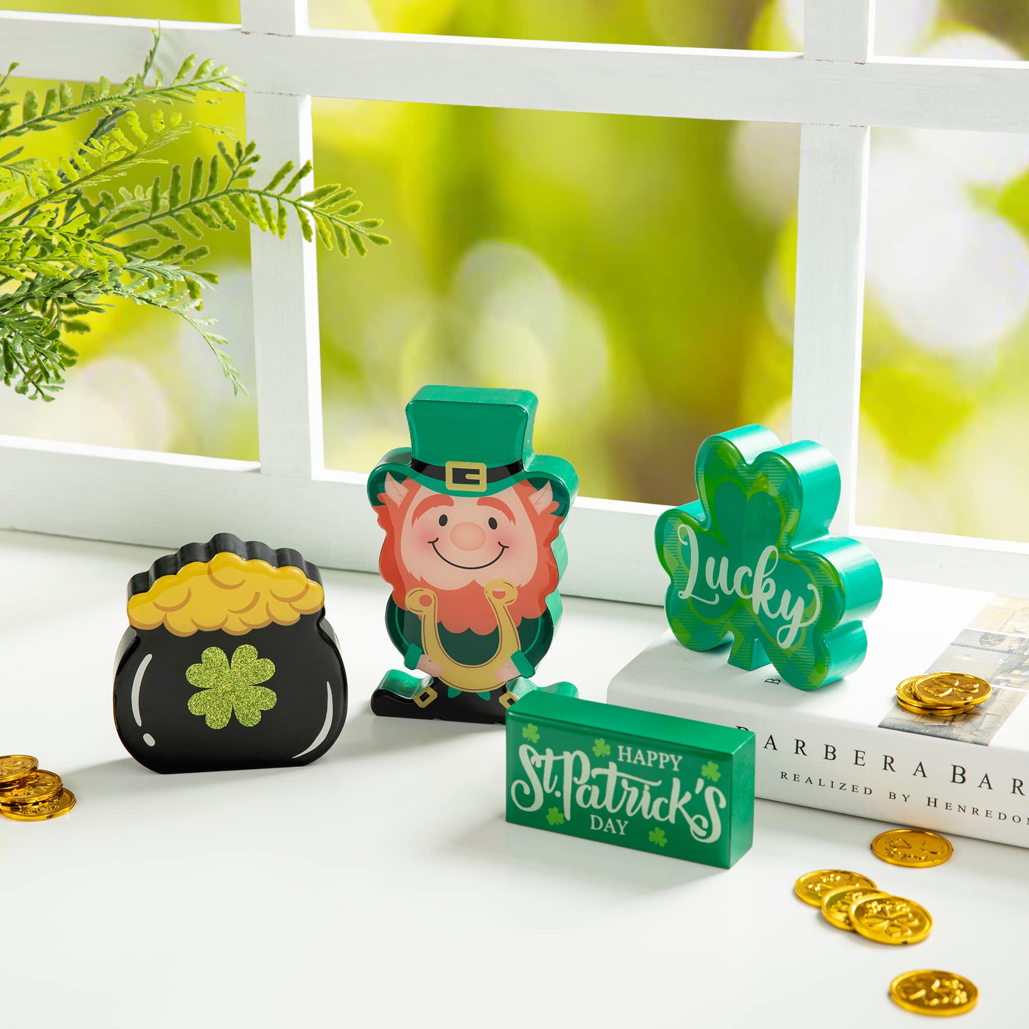 Glitzhome® St. Patrick's Shamrock, Pot of Gold & Leprechaun Table Décor Set